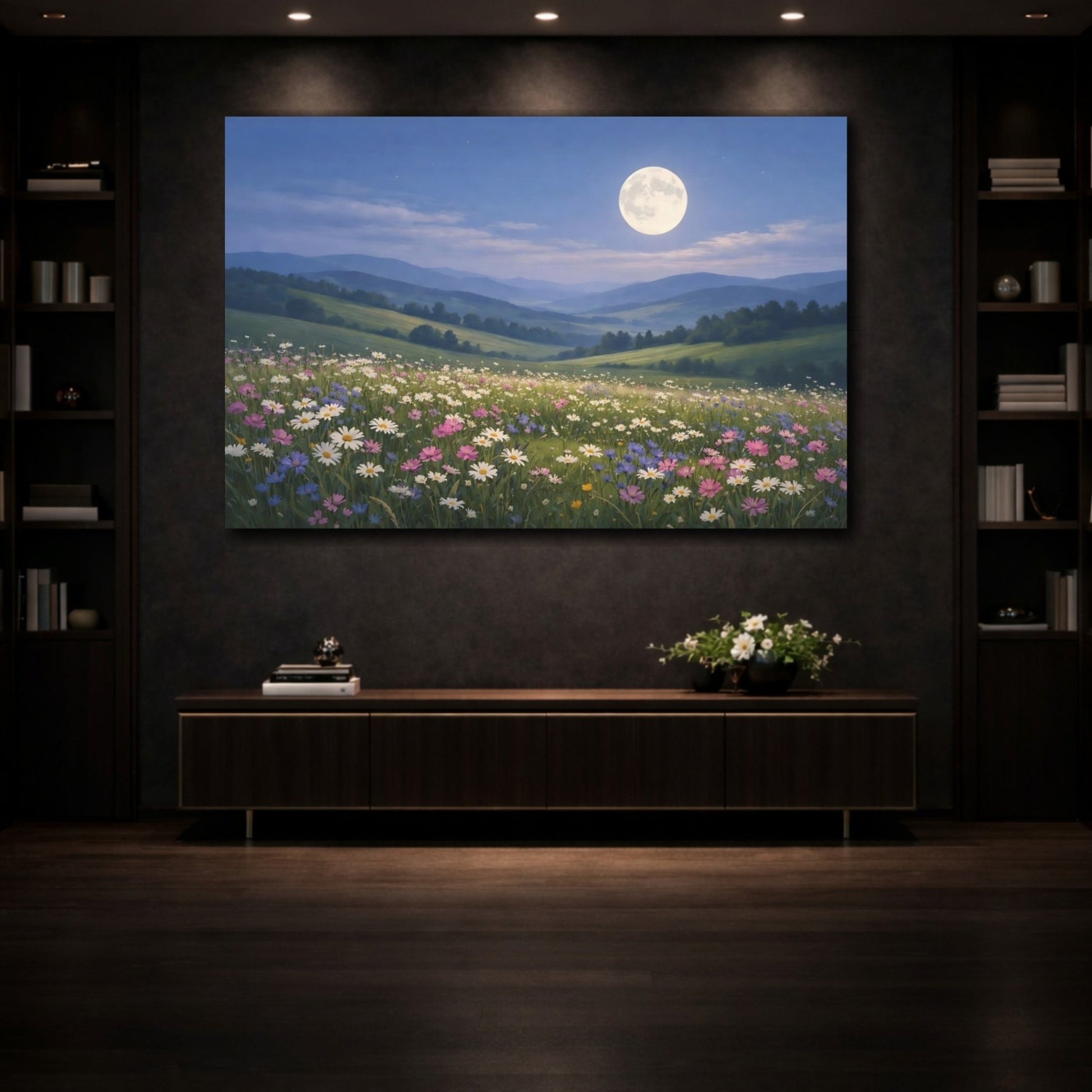 Nature Wildflower Field Moonlit Meadow - Canvas Wall Art Print - YesArtYes