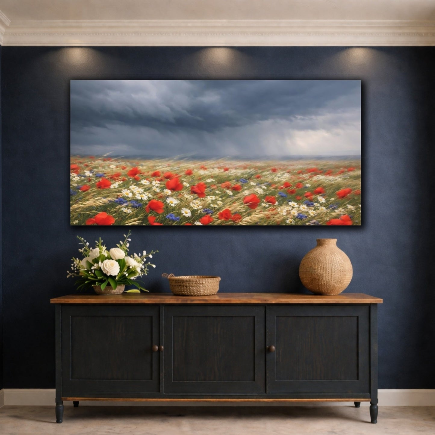 Nature Wildflower Field Storm Red - Canvas Wall Art Print - YesArtYes