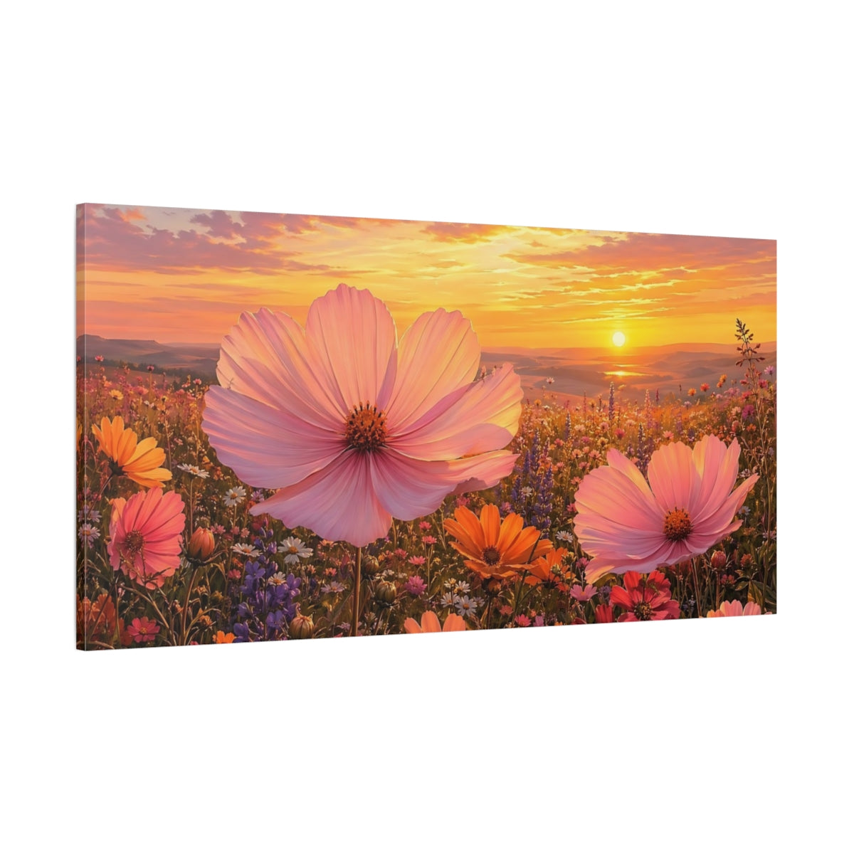 Side Mockup 2. Nature Wildflower Field Sunset Wildflower Field shown as stretched canvas wall art