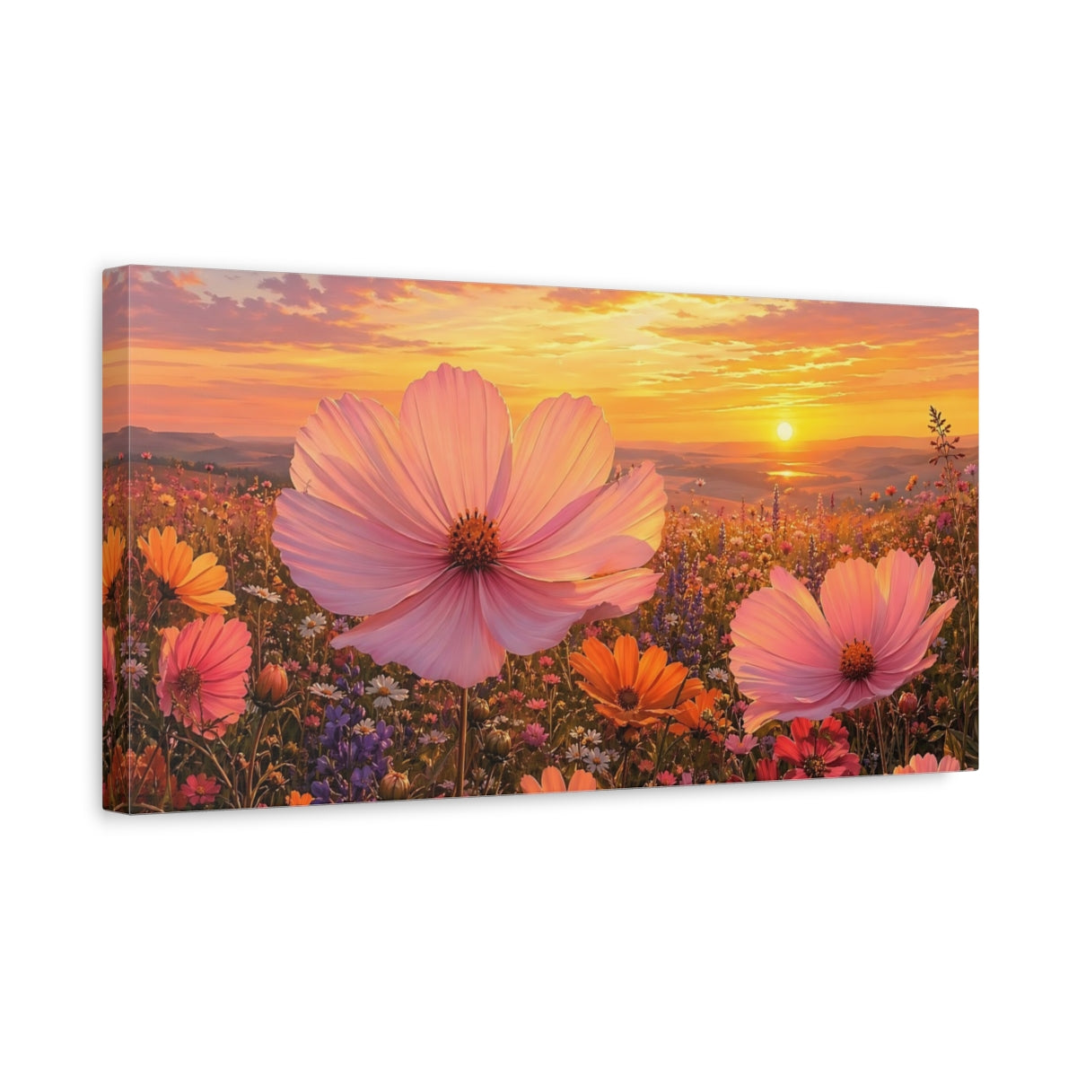 Side Mockup 3. Nature Wildflower Field Sunset Wildflower Field shown as stretched canvas wall art