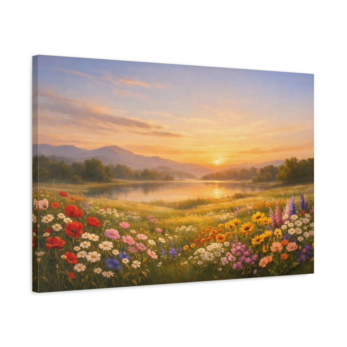 Side Mockup 2. Nature Wildflower Field Wildflowers Sunset shown as stretched canvas wall art