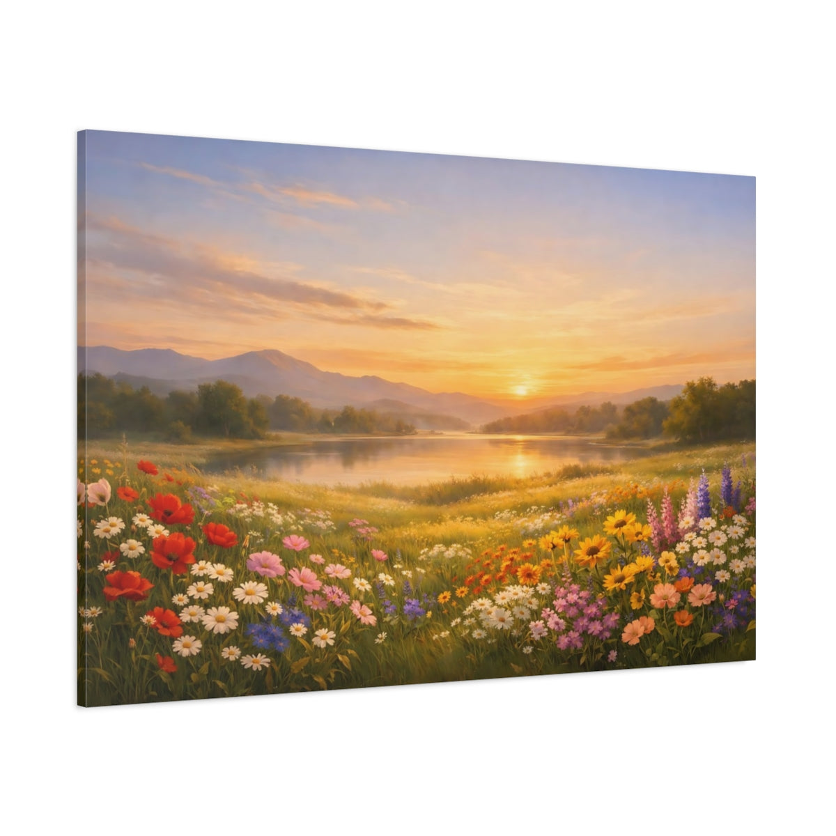 Side Mockup 1. Nature Wildflower Field Wildflowers Sunset shown as stretched canvas wall art