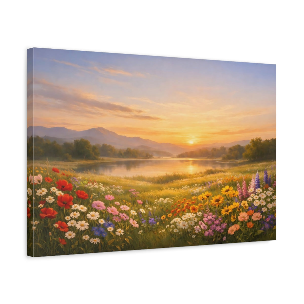 Side Mockup 3. Nature Wildflower Field Wildflowers Sunset shown as stretched canvas wall art