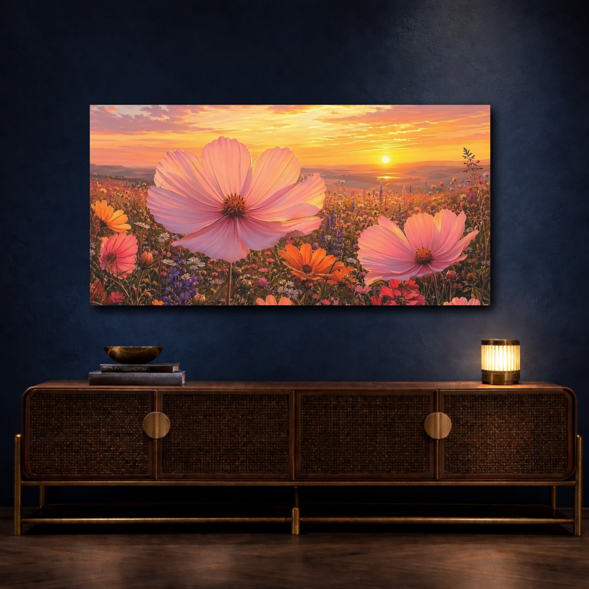 Mockup 3. Nature Wildflower Field Sunset Wildflower Field shown as stretched canvas wall art