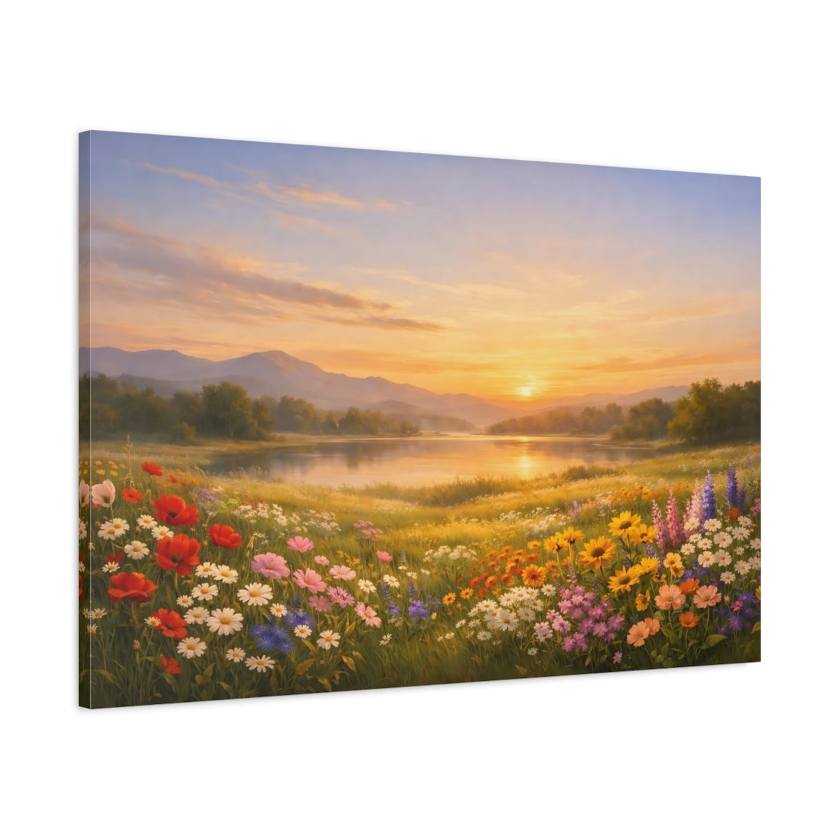 Main Mockup. Nature Wildflower Field Wildflowers Sunset shown as stretched canvas wall art
