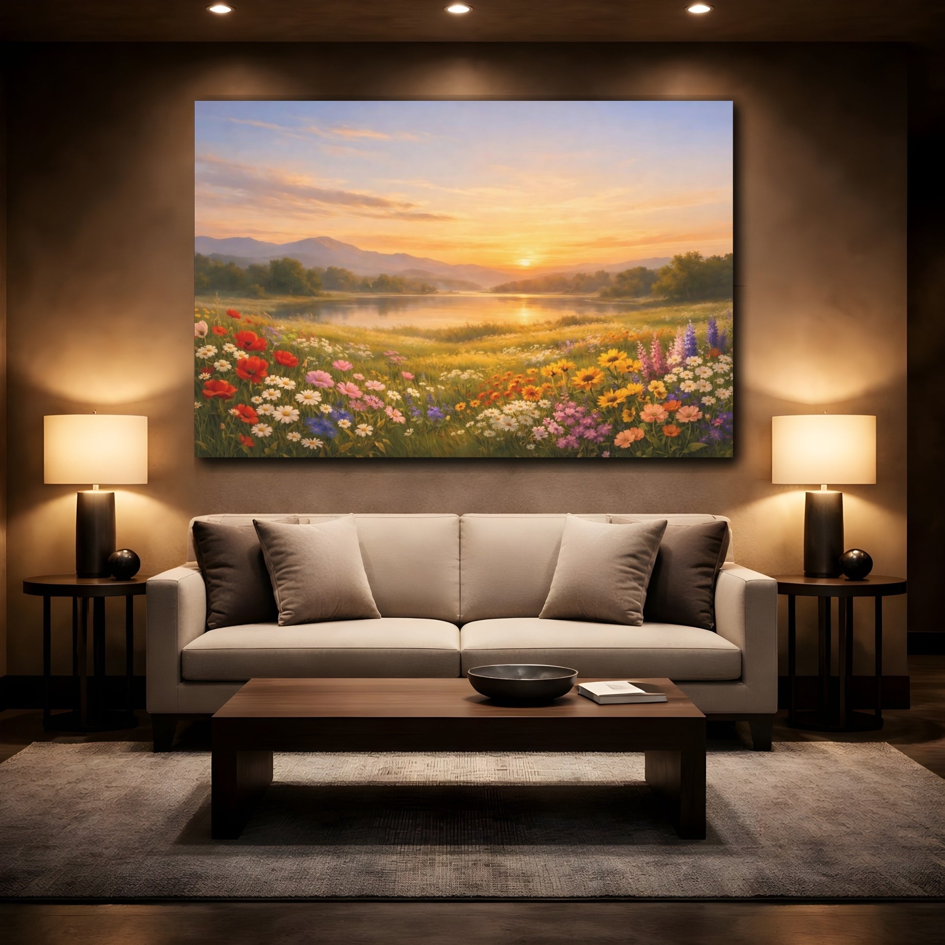 Mockup 2. Nature Wildflower Field Wildflowers Sunset shown as stretched canvas wall art