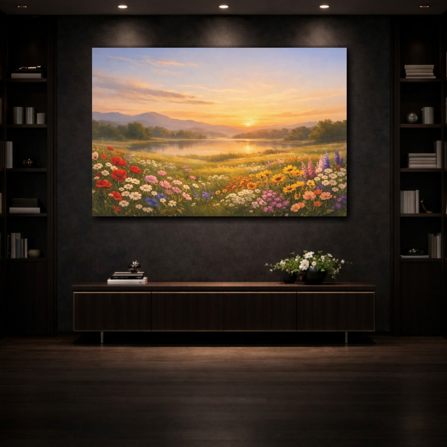 Mockup 3. Nature Wildflower Field Wildflowers Sunset shown as stretched canvas wall art