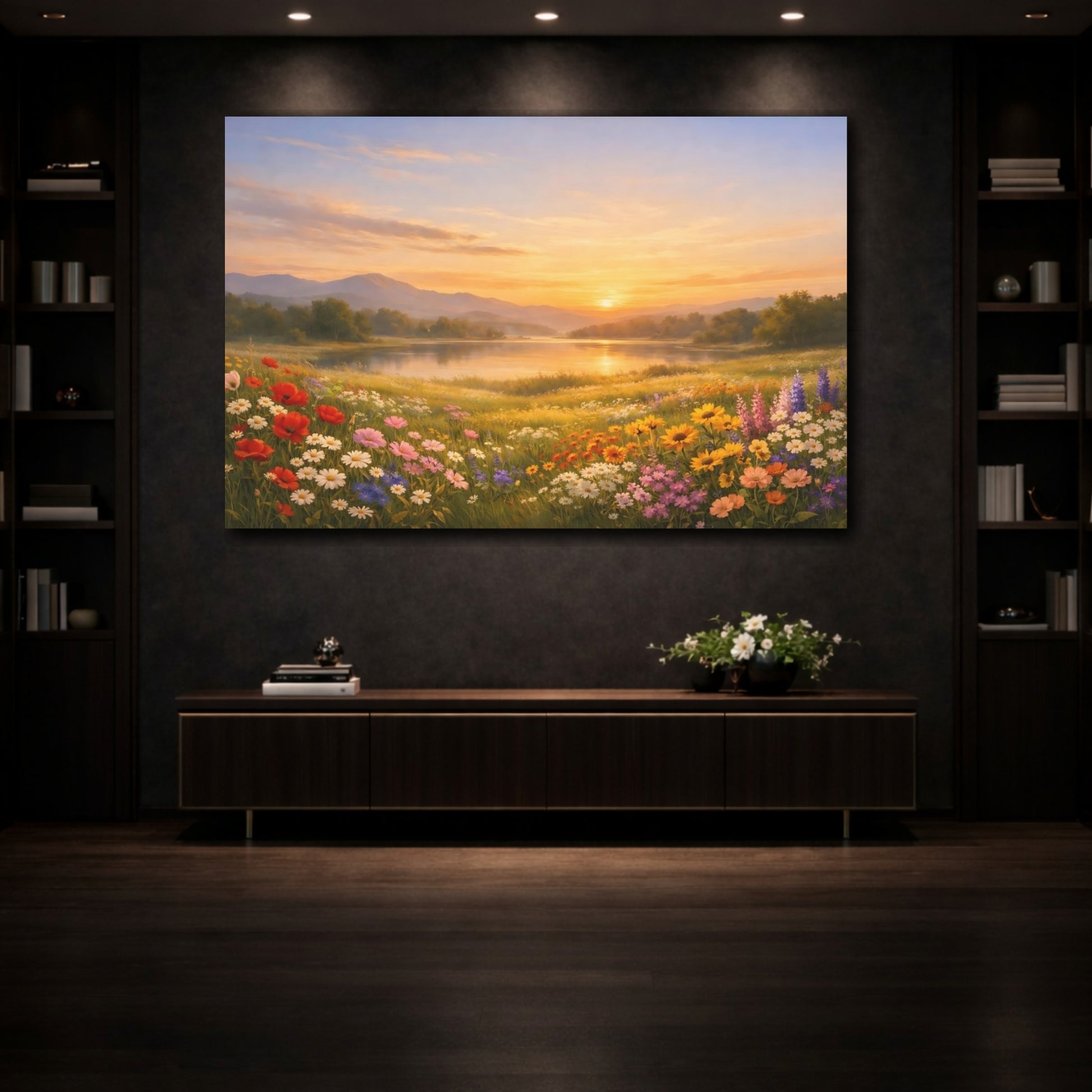 Mockup 3. Nature Wildflower Field Wildflowers Sunset shown as stretched canvas wall art