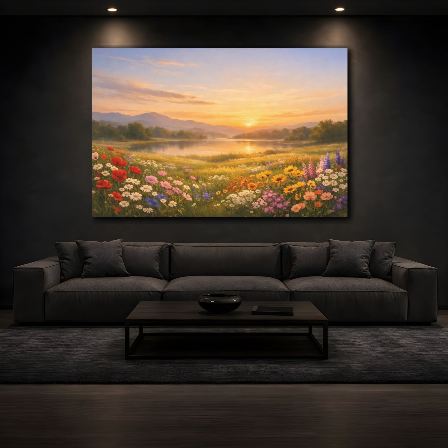 Mockup 4. Nature Wildflower Field Wildflowers Sunset shown as stretched canvas wall art