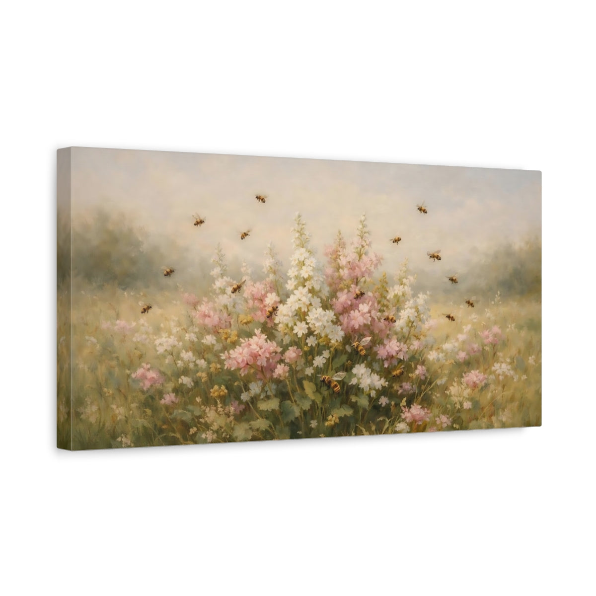 Side Mockup 3. Nature Wildflower Meadow Pastel Meadow Flowers shown as stretched canvas wall art