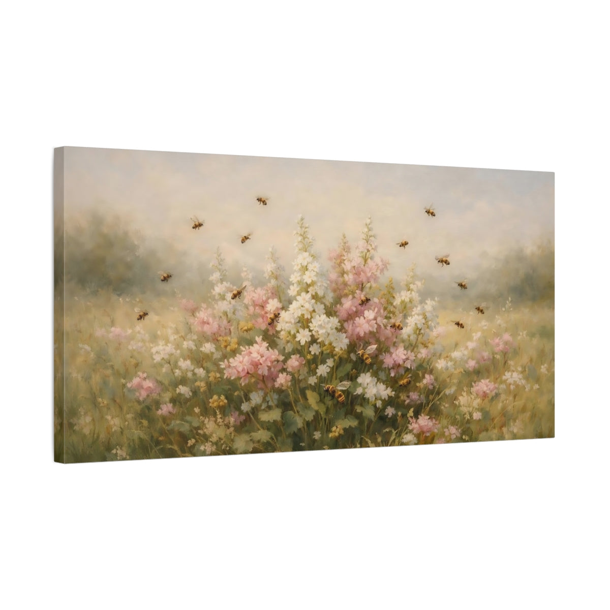 Side Mockup 2. Nature Wildflower Meadow Pastel Meadow Flowers shown as stretched canvas wall art