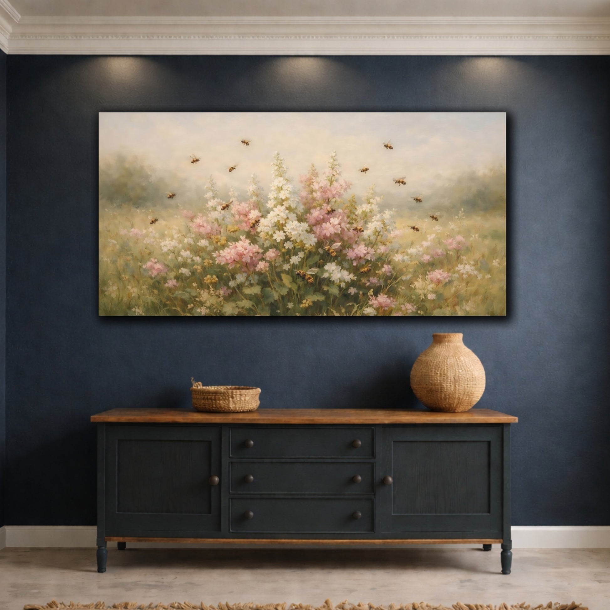 Mockup 4. Nature Wildflower Meadow Pastel Meadow Flowers shown as stretched canvas wall art