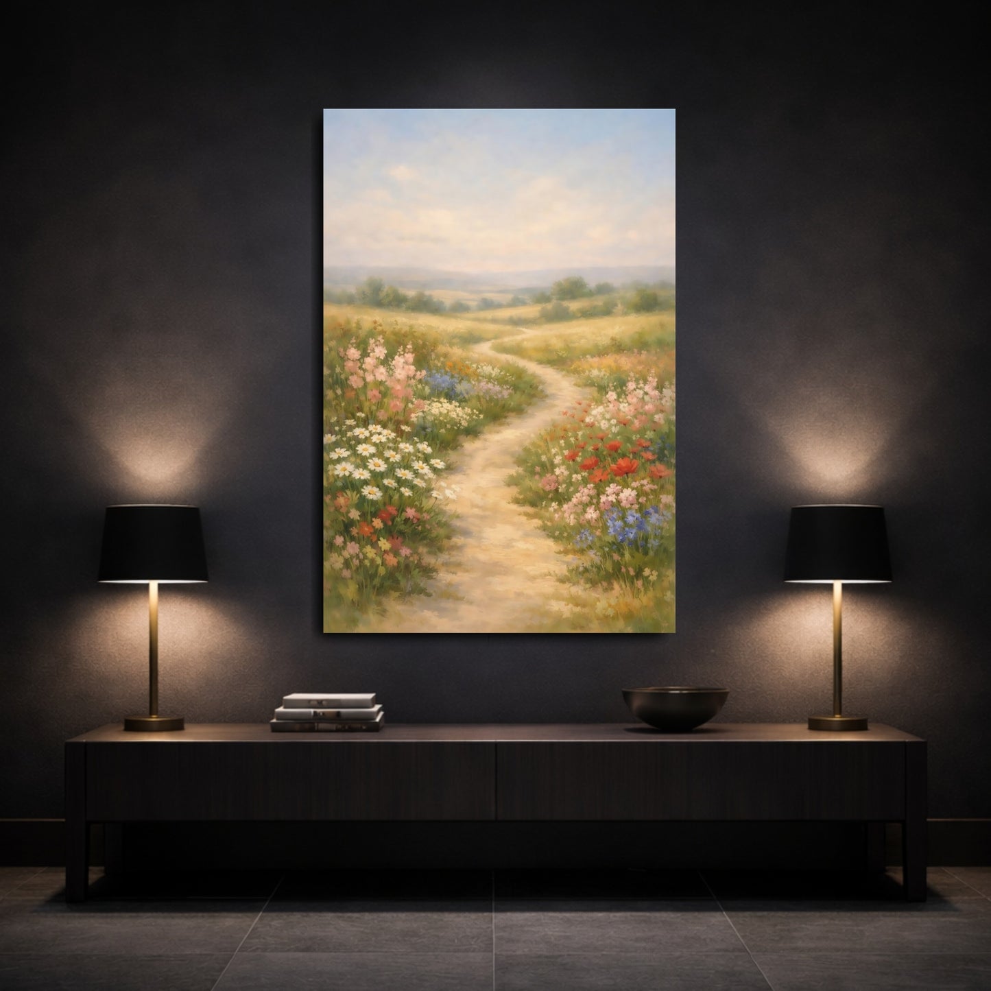 Mockup 2. Nature Wildflower Meadow Pastel Meadow shown as stretched canvas wall art