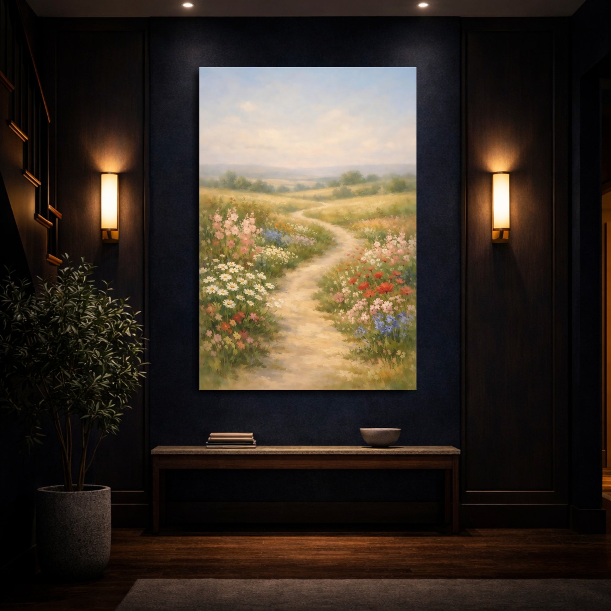 Mockup 3. Nature Wildflower Meadow Pastel Meadow shown as stretched canvas wall art
