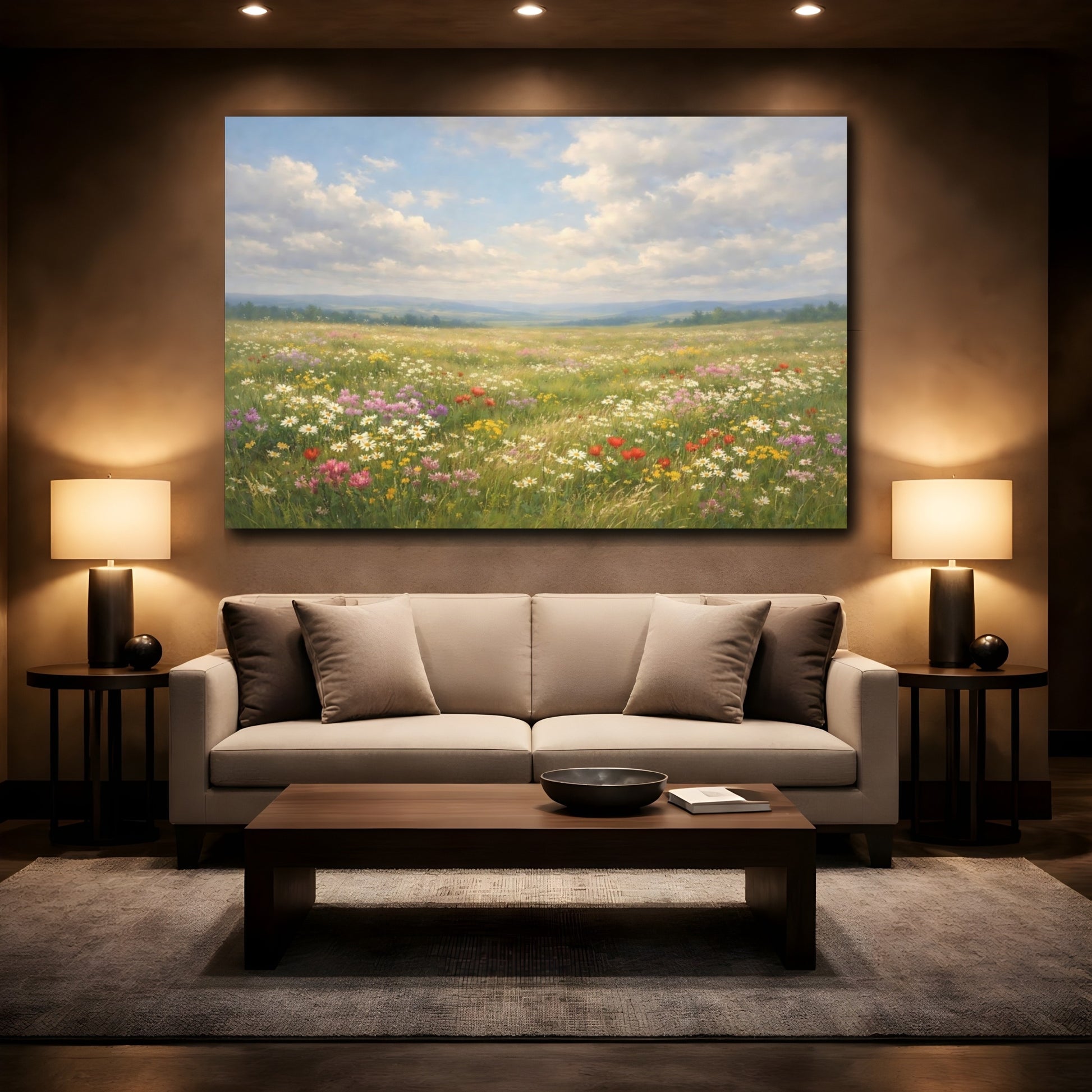 Mockup 3. Nature Wildflower Meadow Wildflower Meadow Landscape shown as stretched canvas wall art