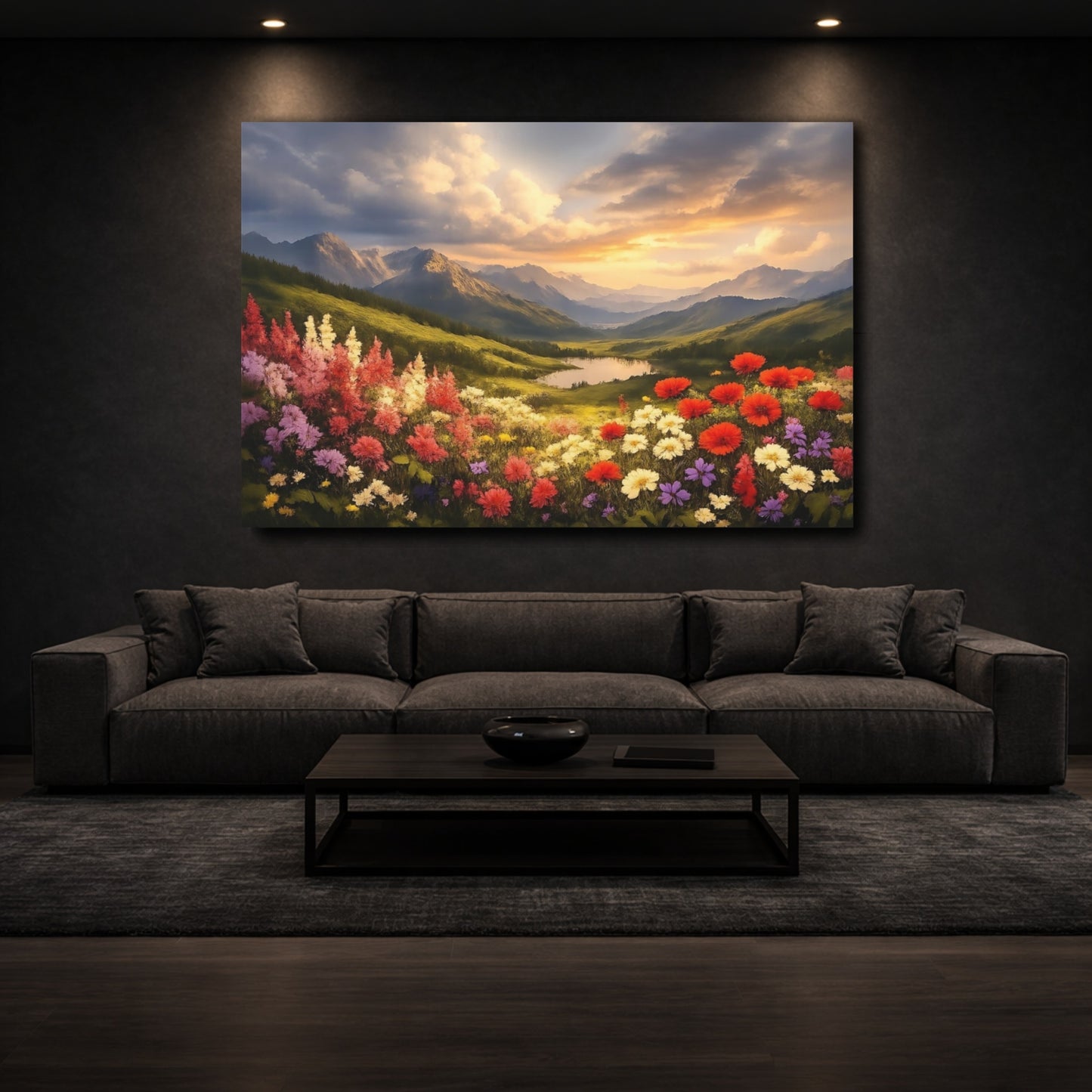 Mockup 2. Nature Wildflower Valley Colorful Mountain Landscape shown as stretched canvas wall art