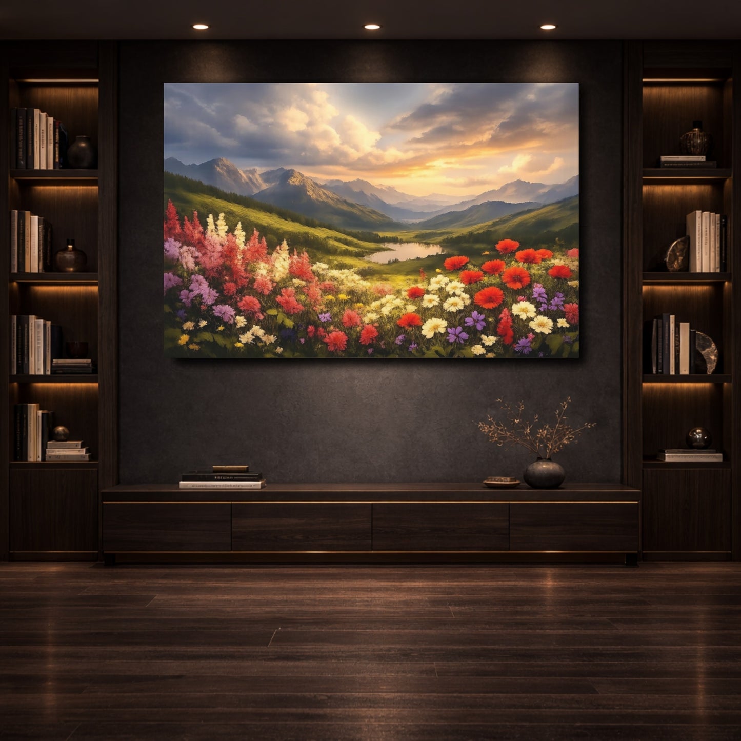 Mockup 3. Nature Wildflower Valley Colorful Mountain Landscape shown as stretched canvas wall art