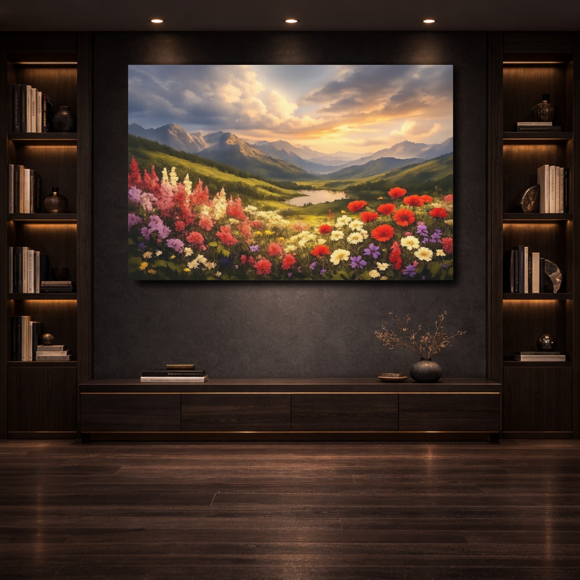 Mockup 3. Nature Wildflower Valley Colorful Mountain Landscape shown as stretched canvas wall art