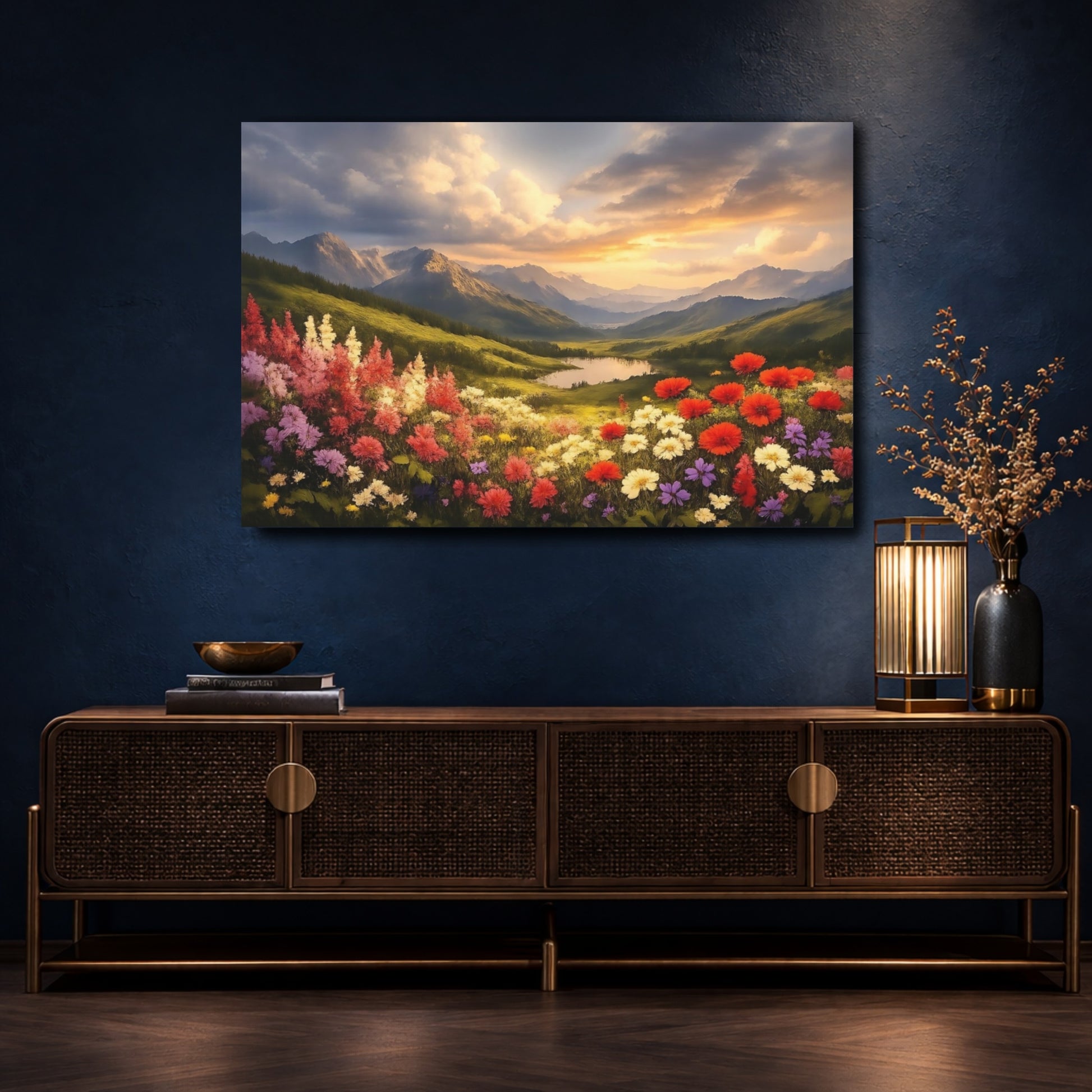 Mockup 4. Nature Wildflower Valley Colorful Mountain Landscape shown as stretched canvas wall art