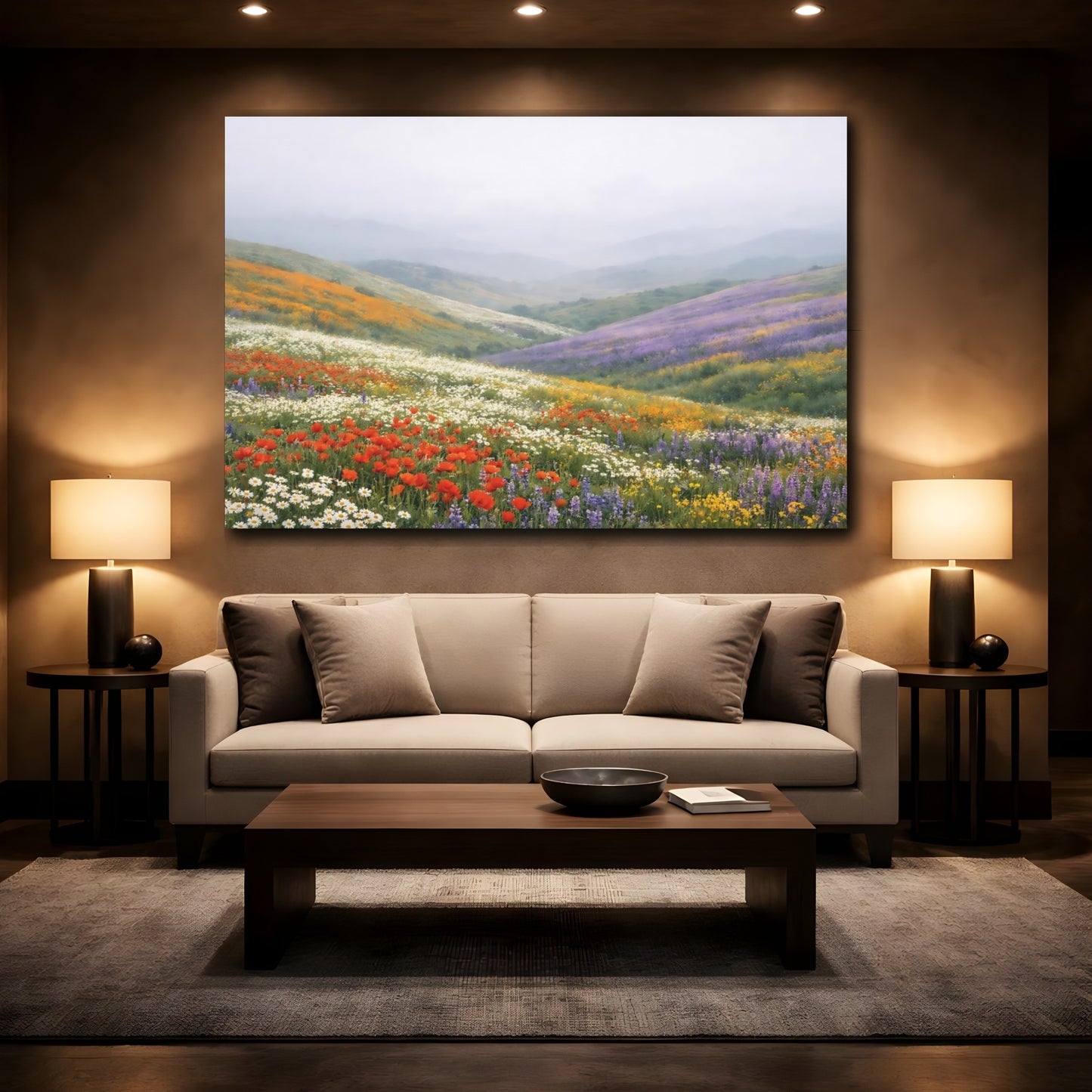 Mockup 3. Nature Wildflower Valley Colorful Wildflowers shown as stretched canvas wall art