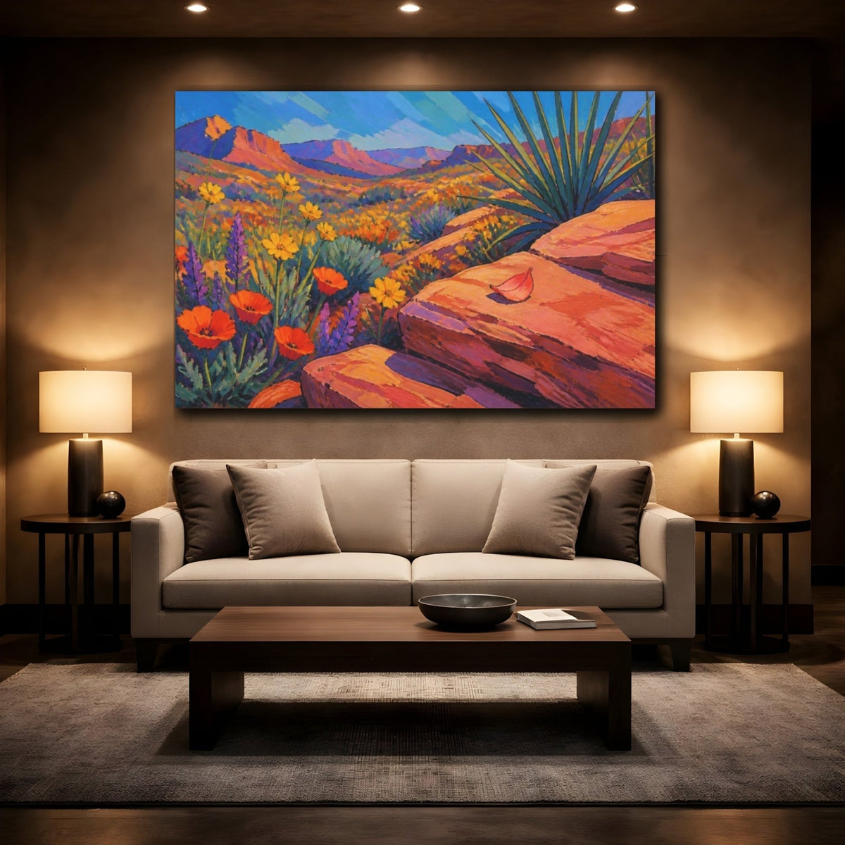 Nature Wildflower Vista Canvas Print – Living Room, Above Couch, Vibrant Orange And Blue - YesArtYes