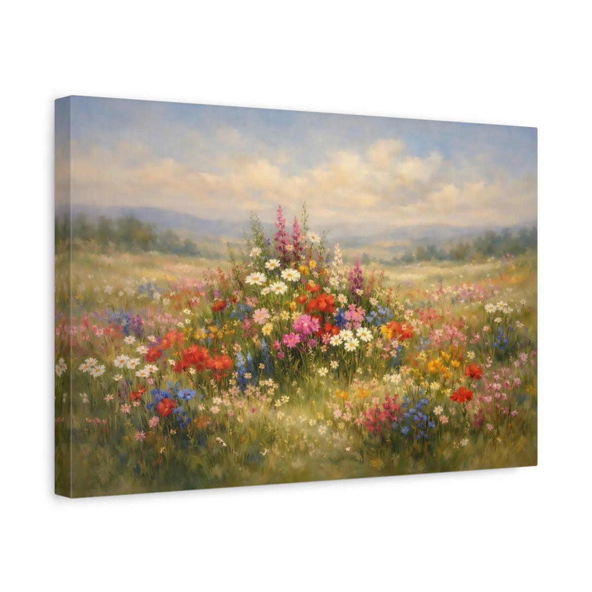 Side Mockup 4. Nature Wildflowers Colorful Wildflowers shown as stretched canvas wall art