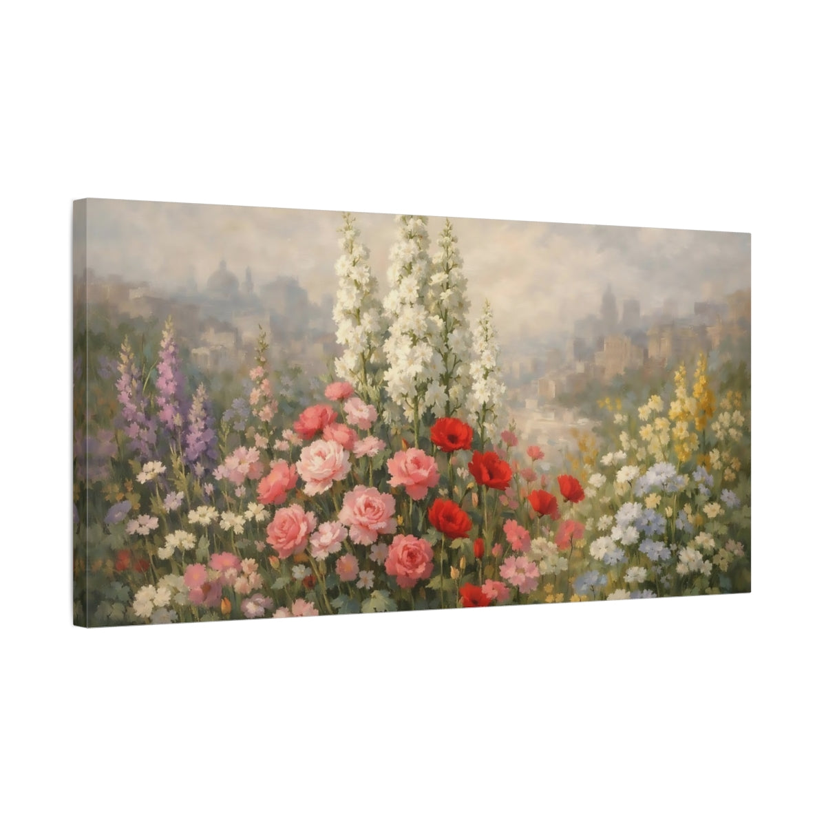Side Mockup 2. Nature Wildflowers Colorful Wildflowers shown as stretched canvas wall art