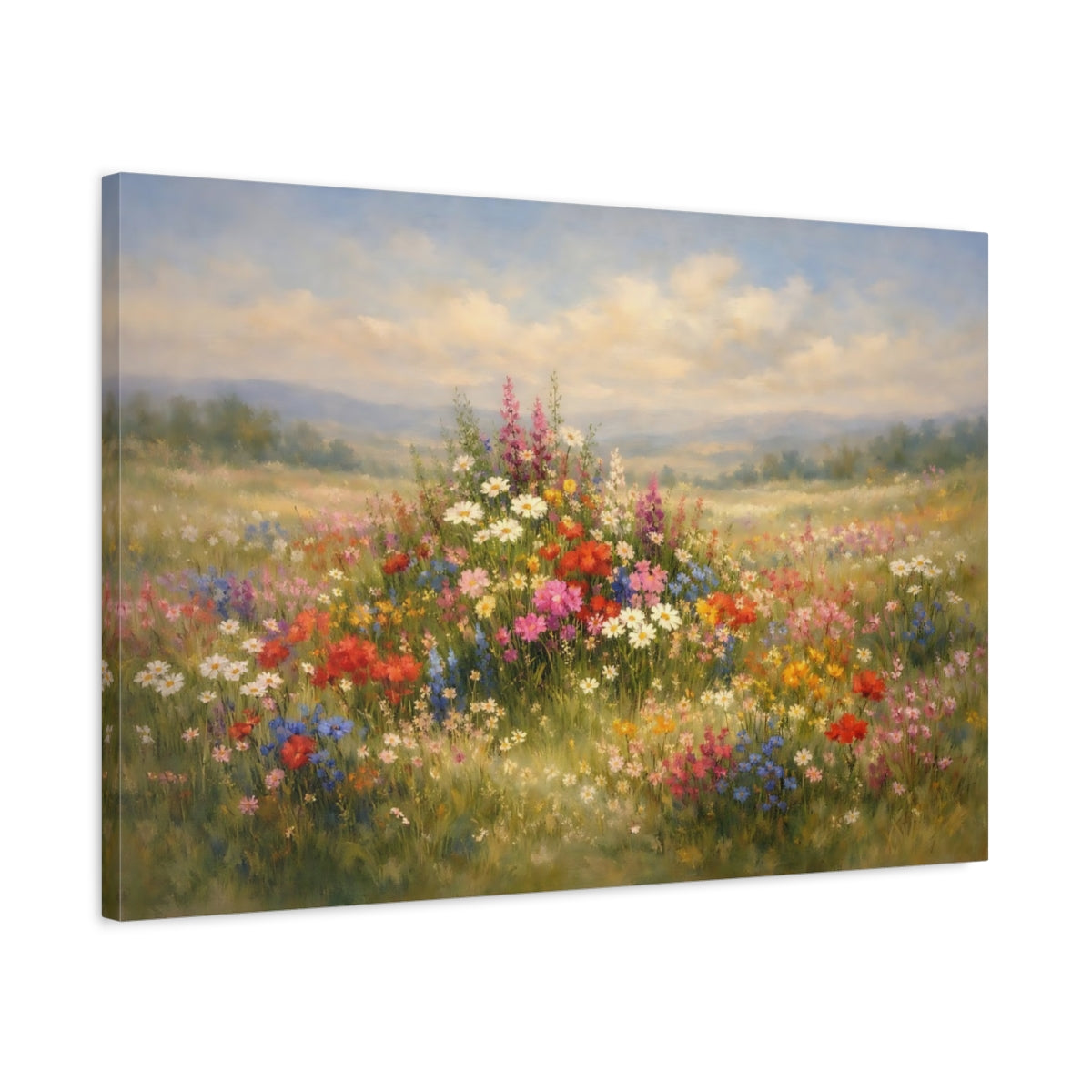 Side Mockup 2. Nature Wildflowers Colorful Wildflowers shown as stretched canvas wall art