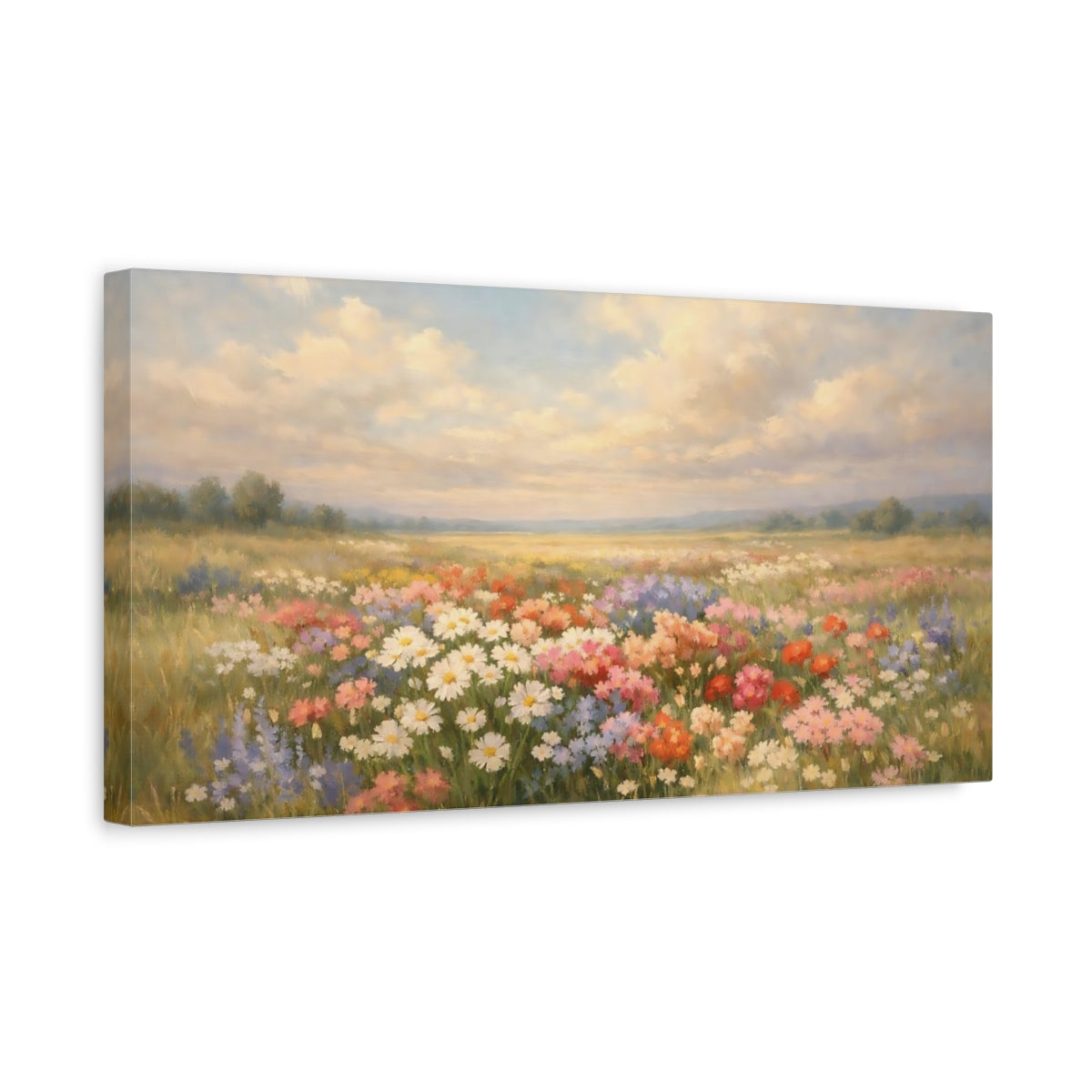 Side Mockup 3. Nature Wildflowers Colorful Wildflowers shown as stretched canvas wall art