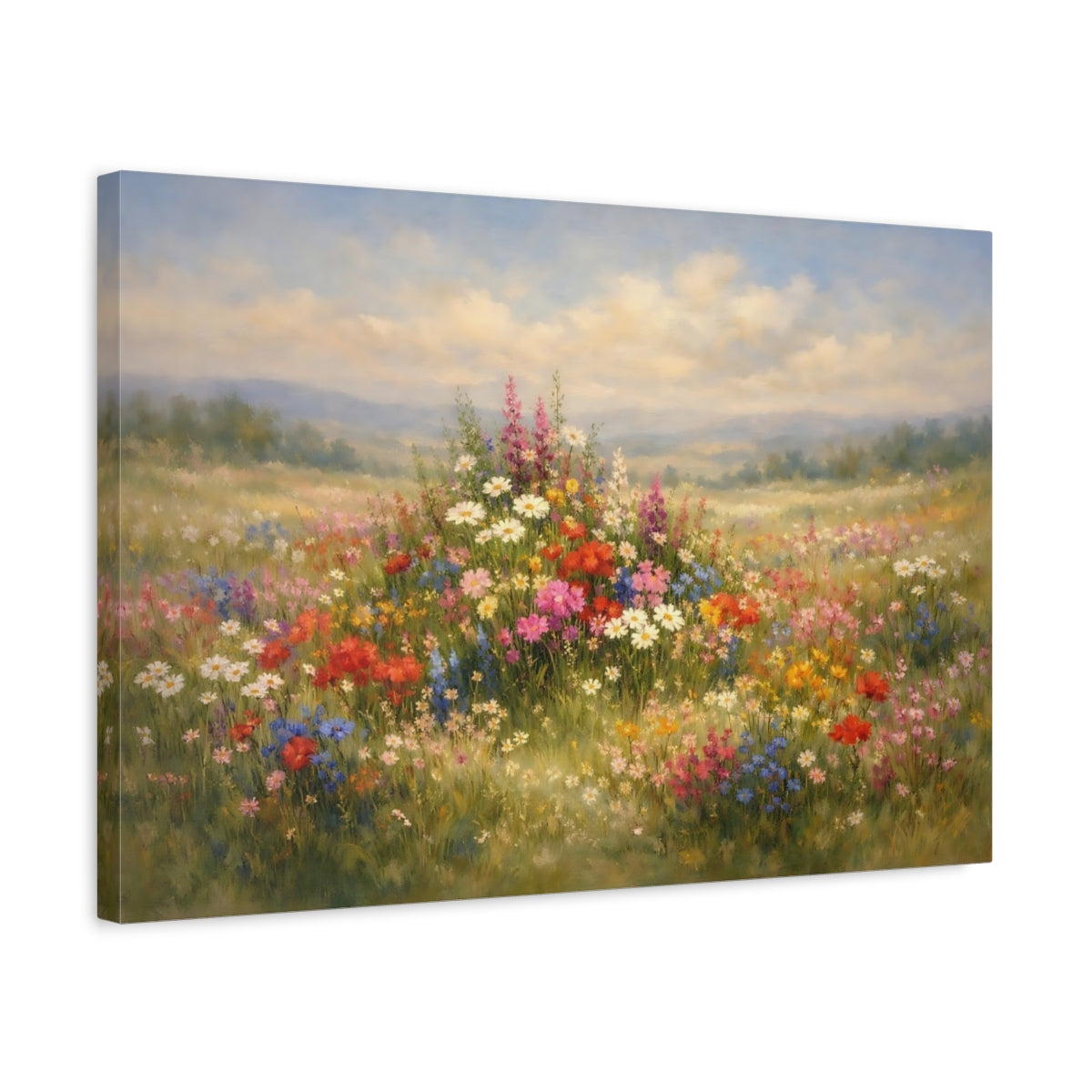 Side Mockup 3. Nature Wildflowers Colorful Wildflowers shown as stretched canvas wall art