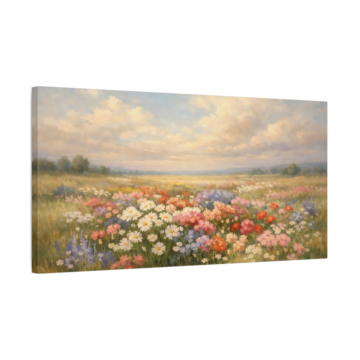 Side Mockup 2. Nature Wildflowers Colorful Wildflowers shown as stretched canvas wall art