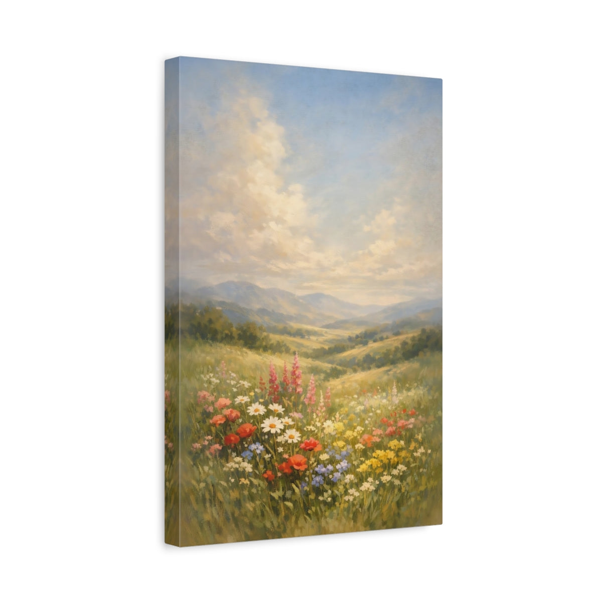 Side Mockup 4. Nature Wildflowers Colorful Wildflower Meadow shown as stretched canvas wall art