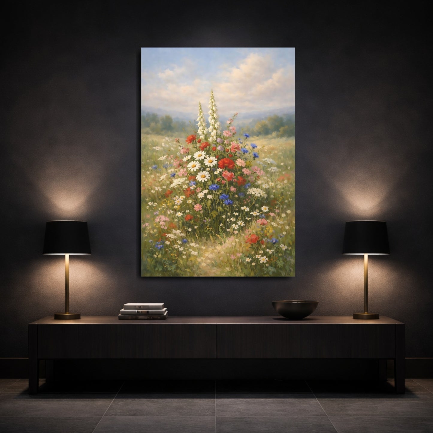 Mockup 2. Nature Wildflowers Colorful Wildflower Meadow shown as stretched canvas wall art