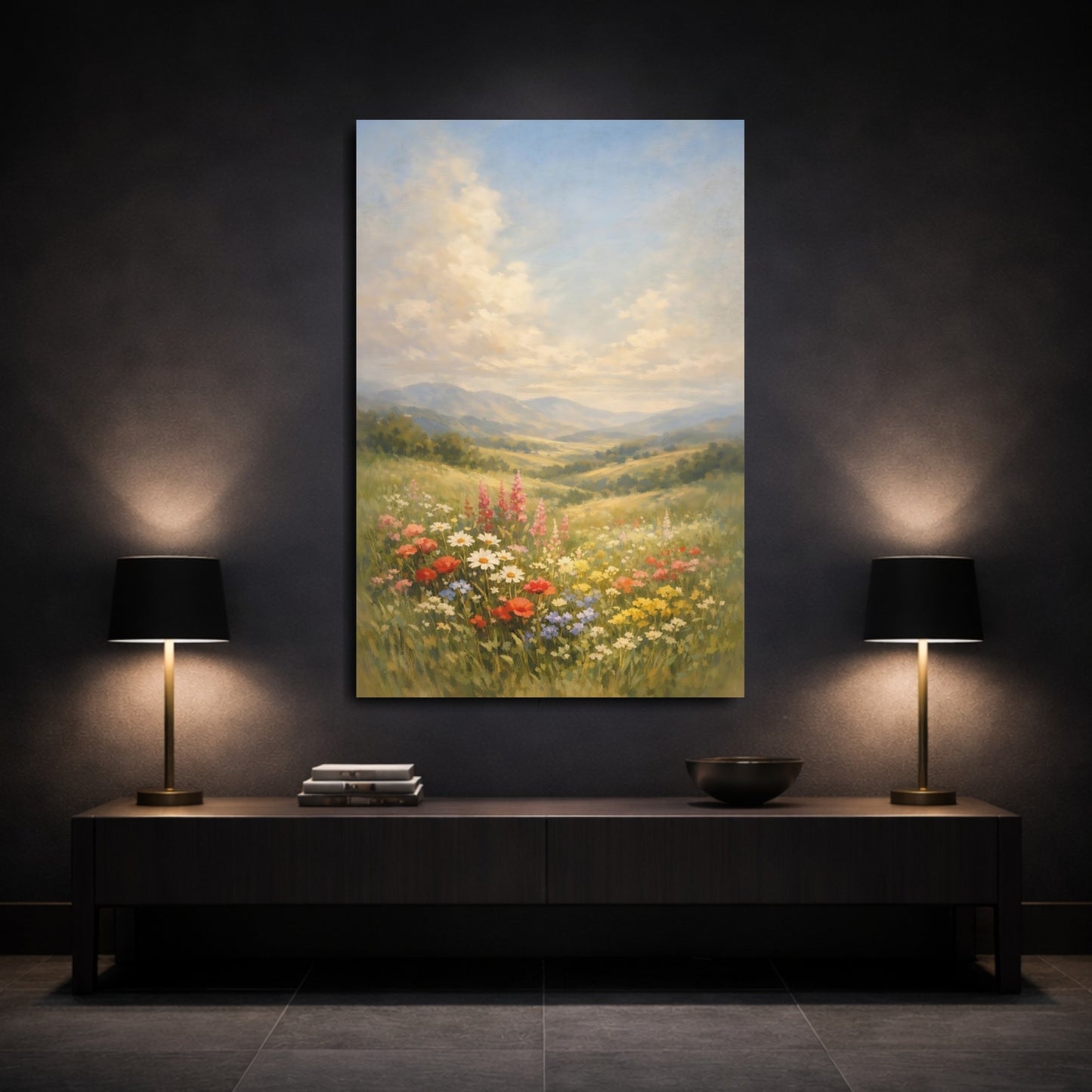 Mockup 2. Nature Wildflowers Colorful Wildflower Meadow shown as stretched canvas wall art