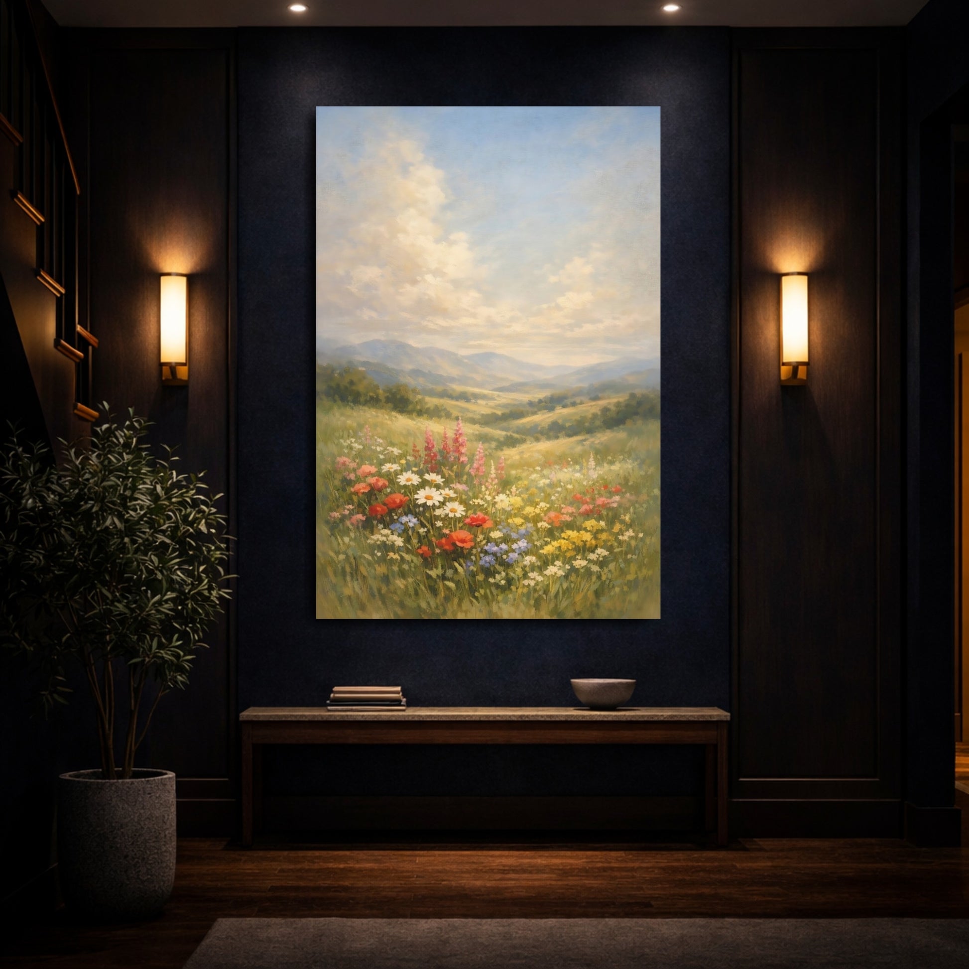 Mockup 3. Nature Wildflowers Colorful Wildflower Meadow shown as stretched canvas wall art