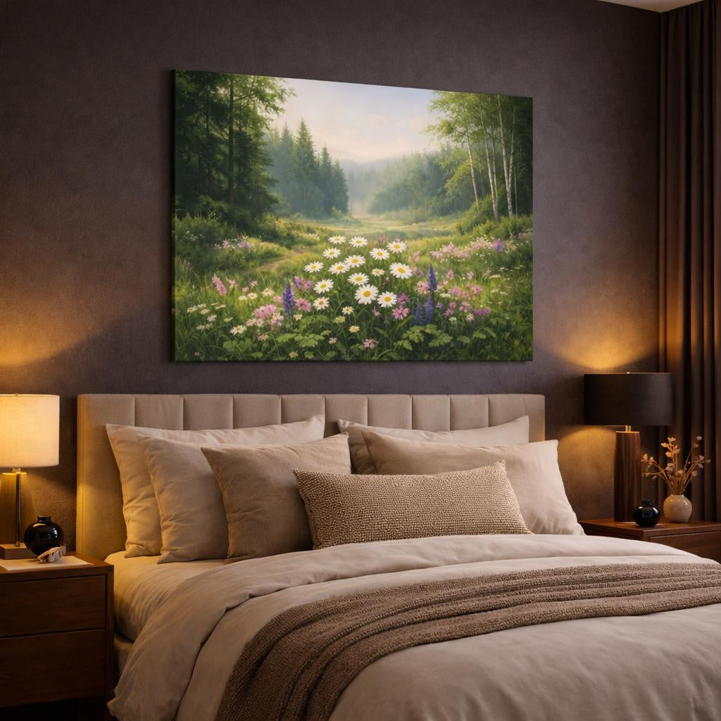 Nature Wildflowers Forest shown as canvas wall art in a luxury bedroom
