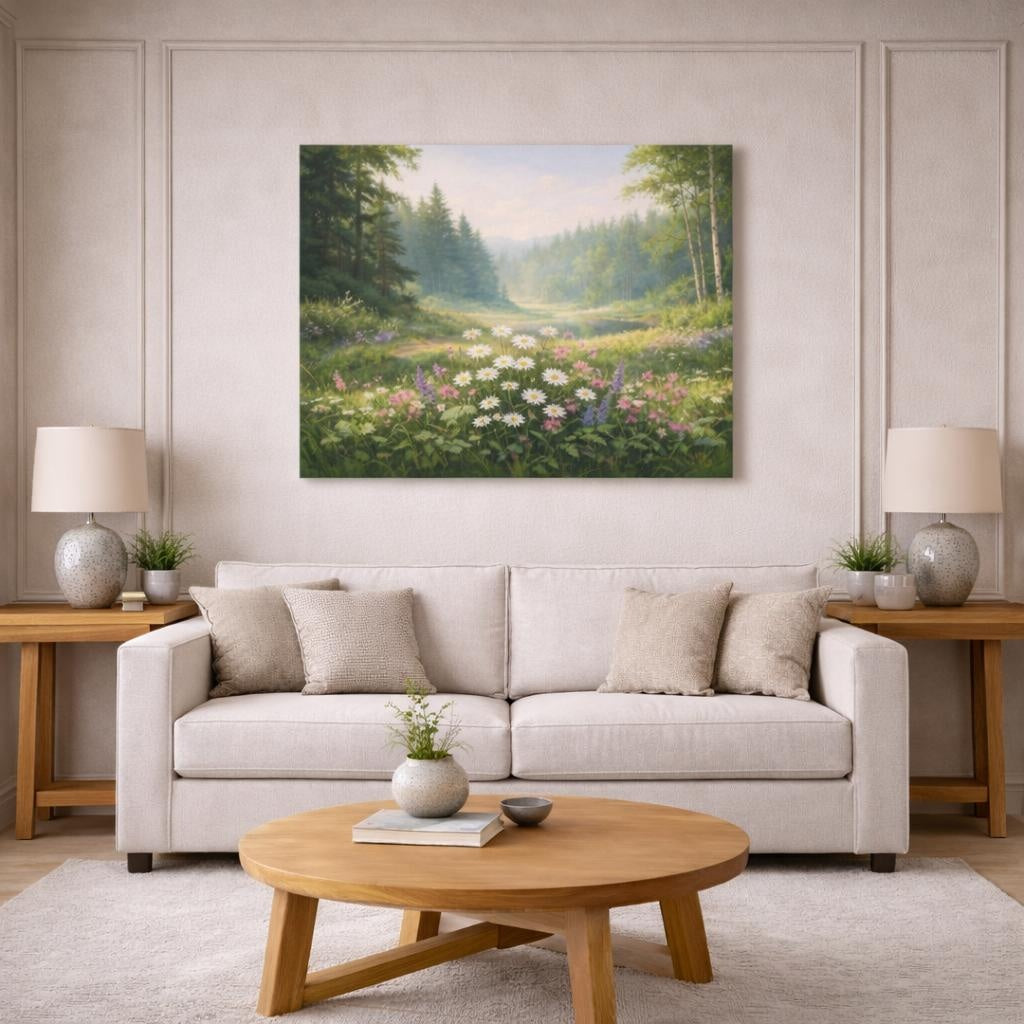 Nature Wildflowers Forest shown as canvas wall art in a modern living room