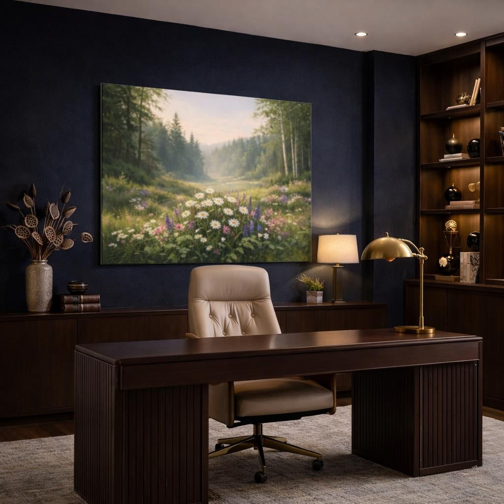 Nature Wildflowers Forest shown as canvas wall art in a refined dining room