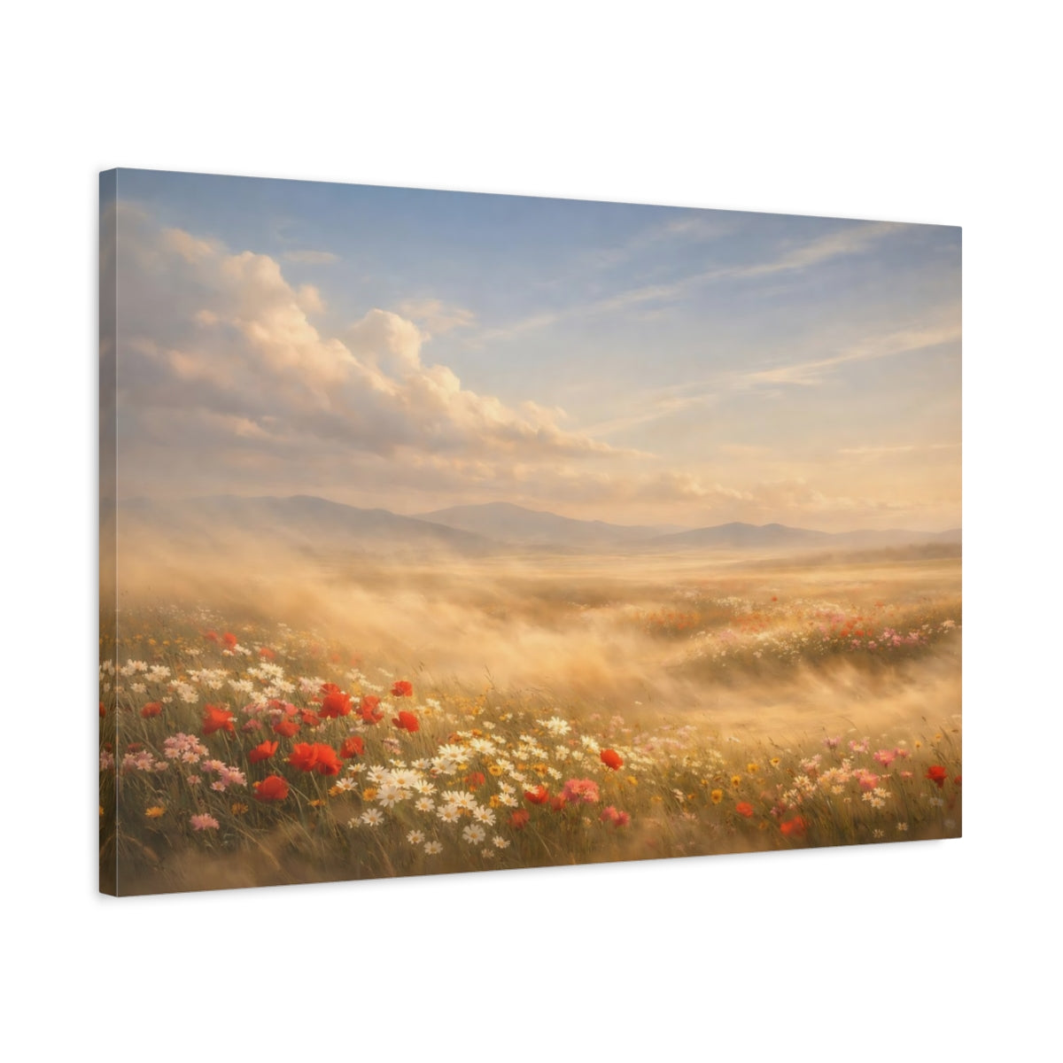 Side Mockup 2. Nature Wildflowers Golden Wildflowers shown as stretched canvas wall art