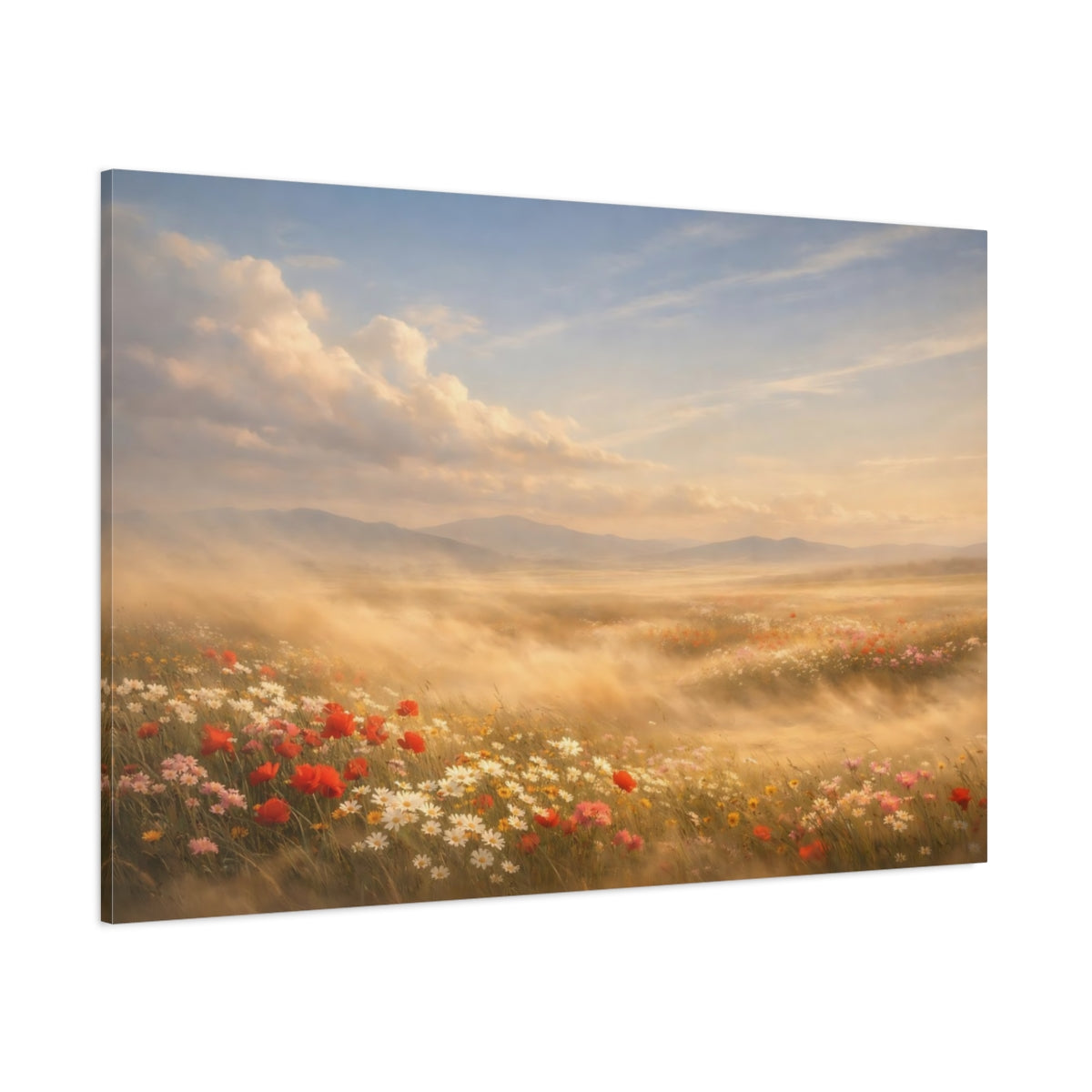 Side Mockup 1. Nature Wildflowers Golden Wildflowers shown as stretched canvas wall art