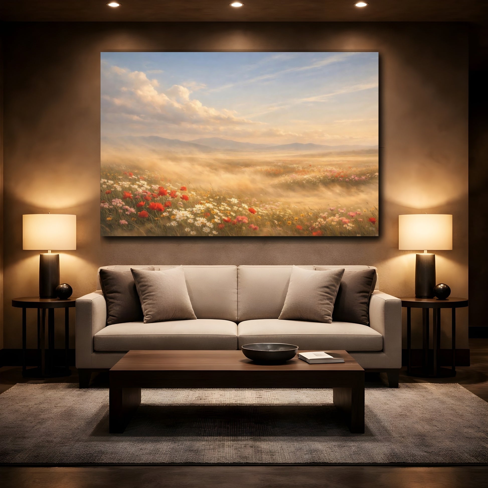 Mockup 2. Nature Wildflowers Golden Wildflowers shown as stretched canvas wall art