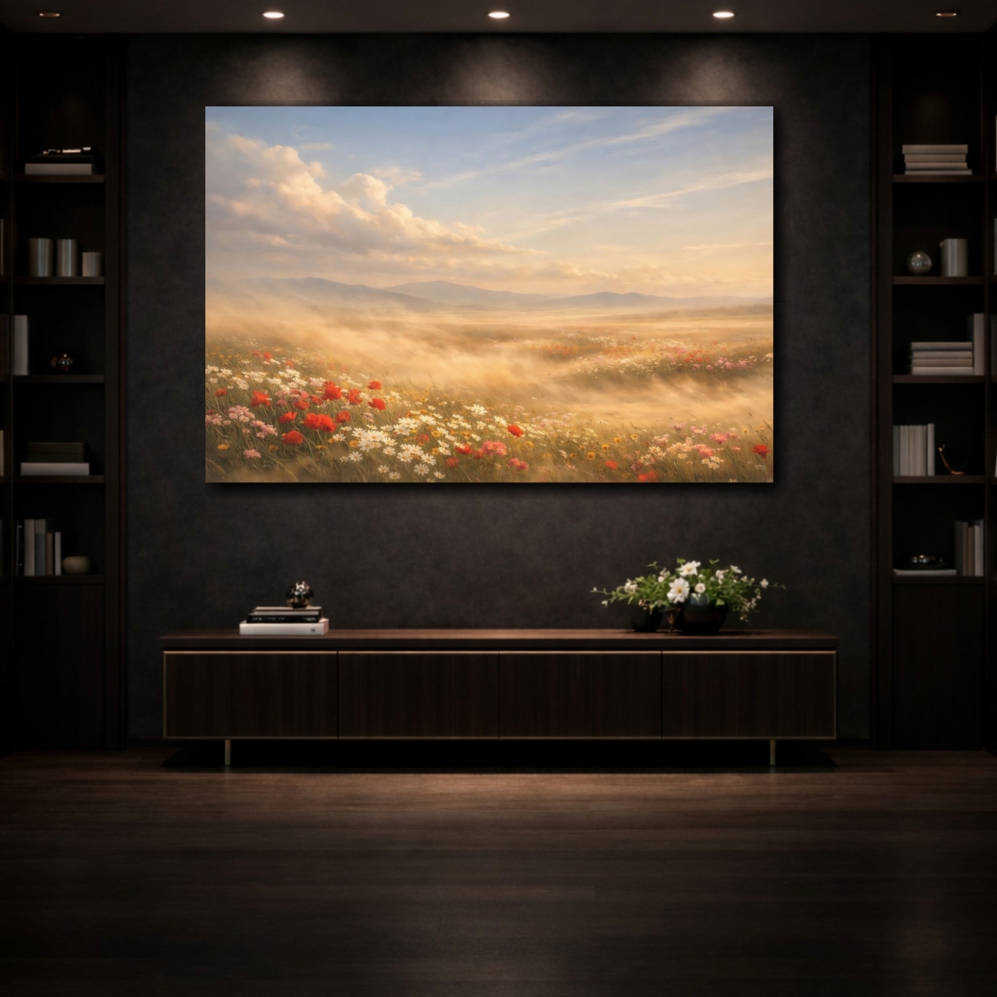 Mockup 3. Nature Wildflowers Golden Wildflowers shown as stretched canvas wall art