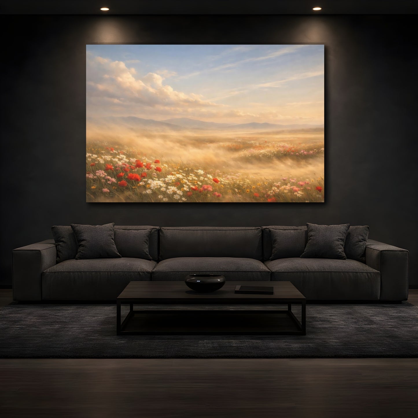 Mockup 4. Nature Wildflowers Golden Wildflowers shown as stretched canvas wall art