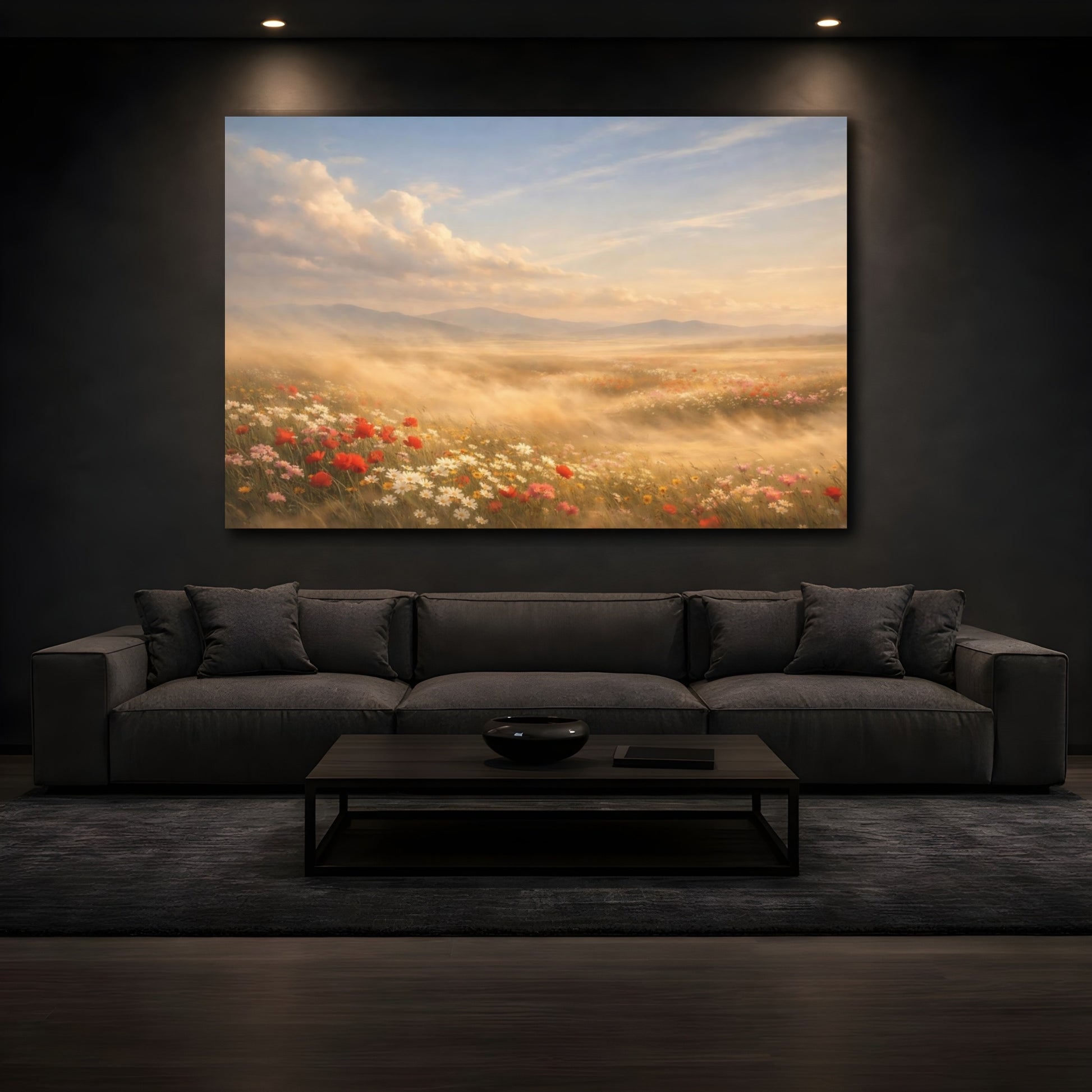 Mockup 4. Nature Wildflowers Golden Wildflowers shown as stretched canvas wall art