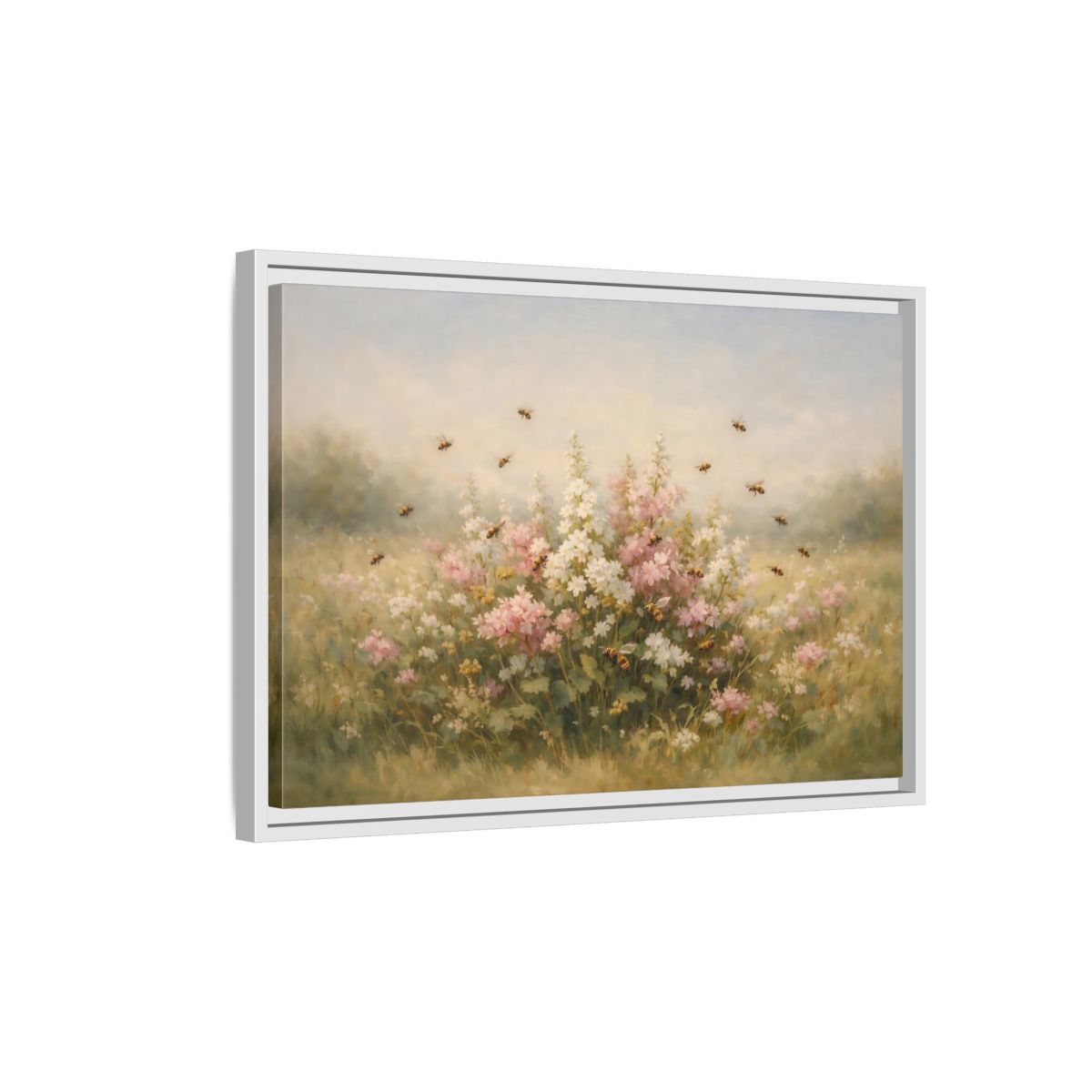 Side Mockup 1. Nature Wildflowers Pastel Floral Meadow shown as stretched canvas wall art