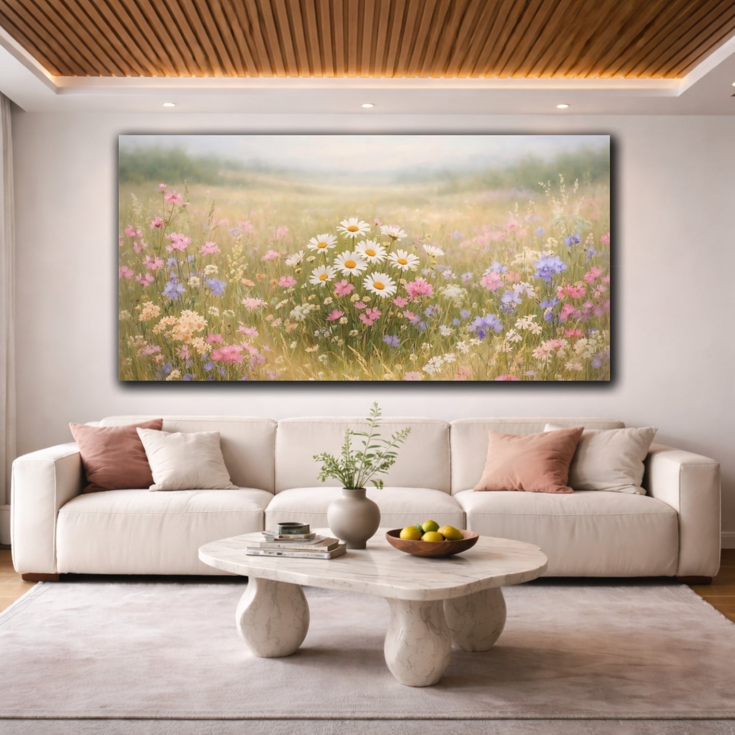 Mockup 3. Nature Wildflowers Pastel Wildflowers shown as stretched canvas wall art