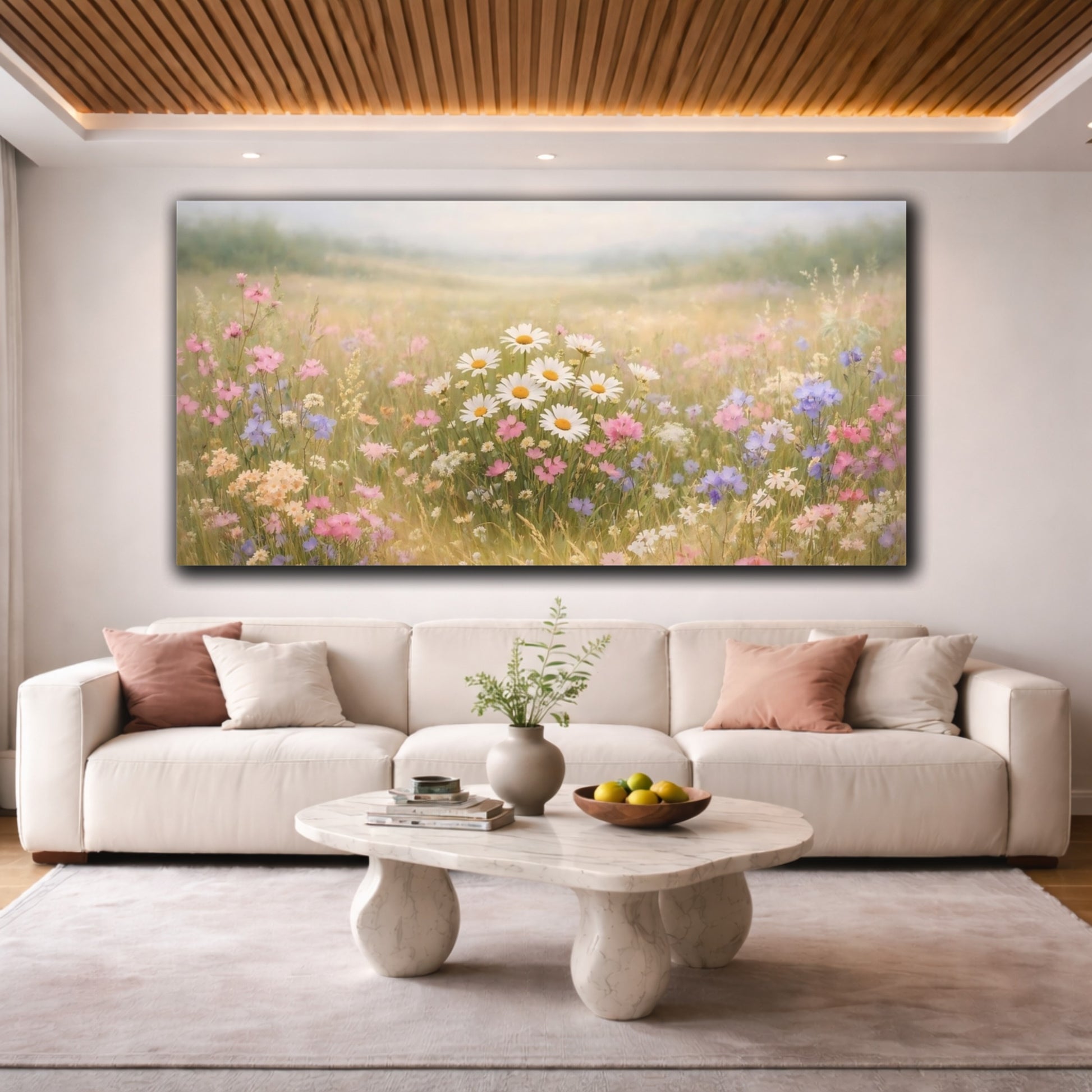 Mockup 3. Nature Wildflowers Pastel Wildflowers shown as stretched canvas wall art