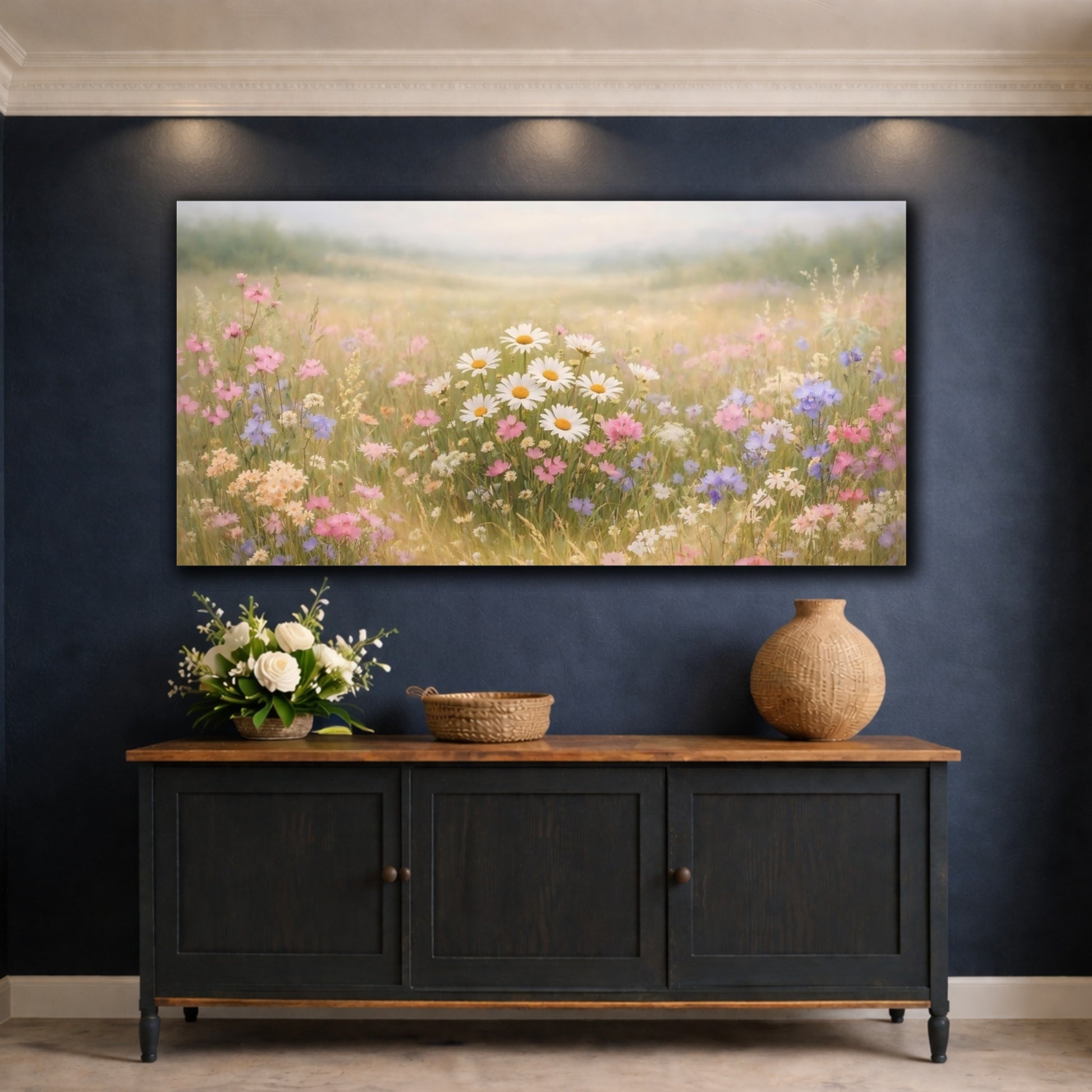Mockup 4. Nature Wildflowers Pastel Wildflowers shown as stretched canvas wall art
