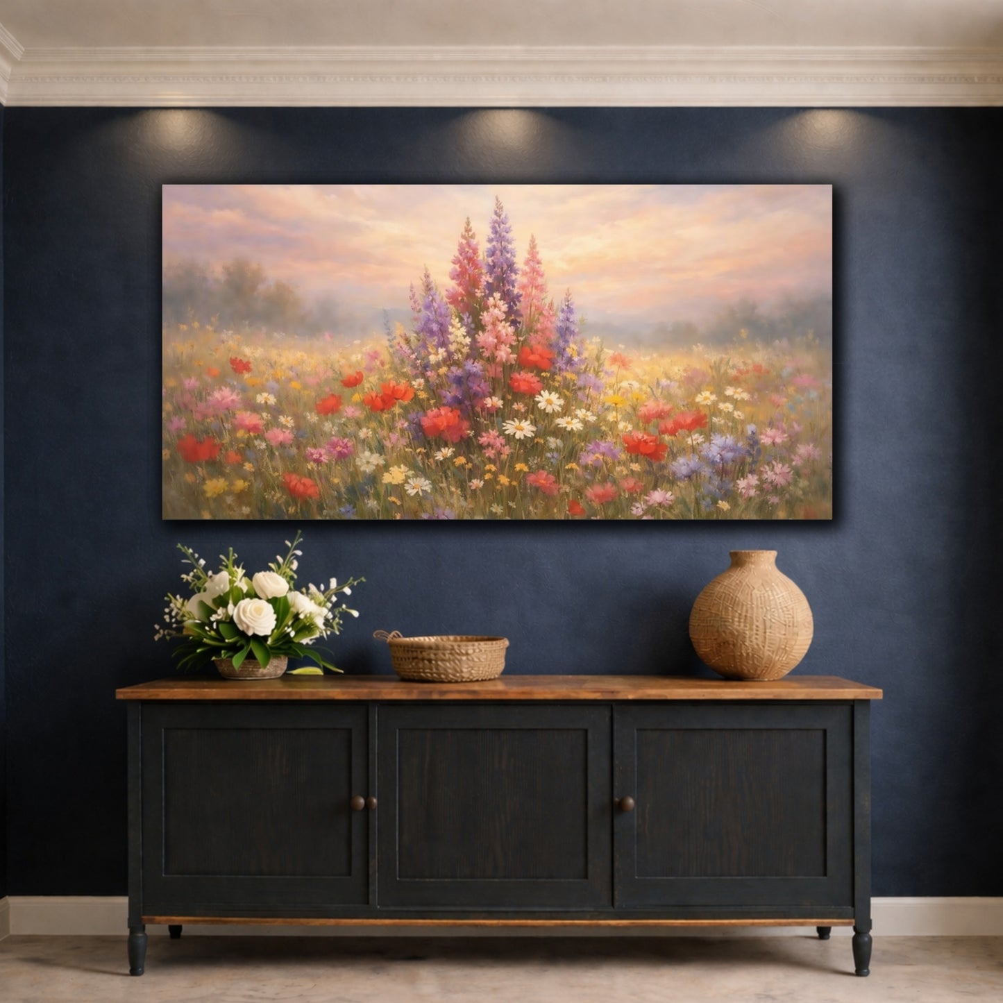 Mockup 4. Nature Wildflowers Pastel Wildflowers shown as stretched canvas wall art