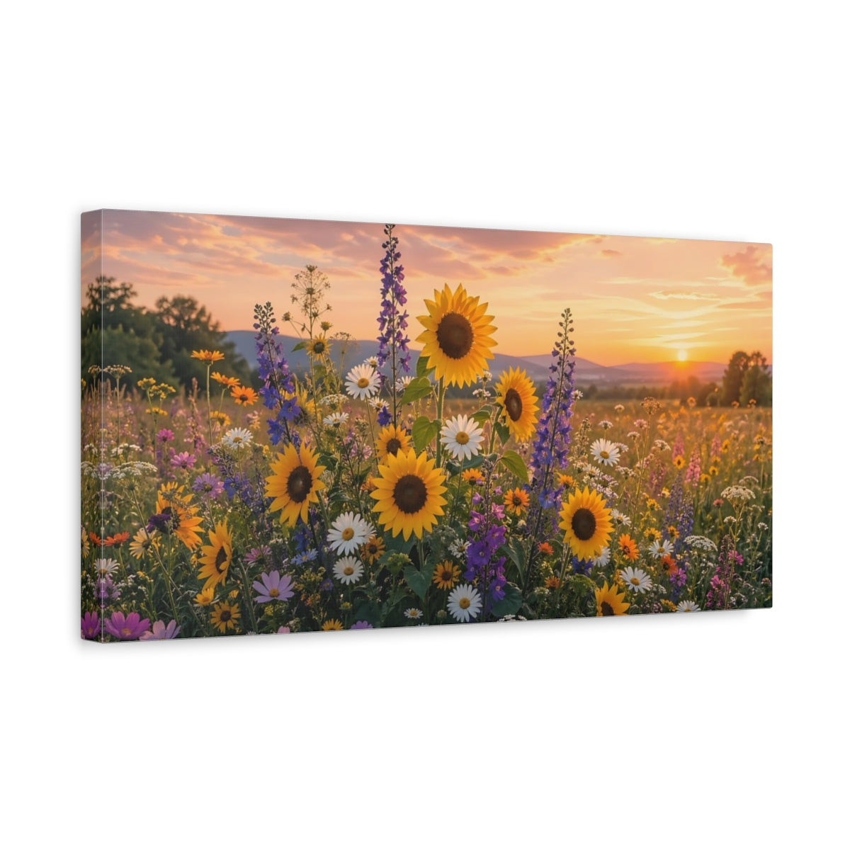 Side Mockup 3. Nature Wildflowers Sunset Wildflowers shown as stretched canvas wall art